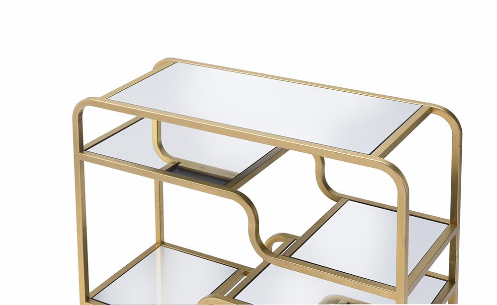 Modern Yet Retro Gold And Glass Bar Table featuring a mirrored top and gold metal frame with floating shelves for wine glass display.