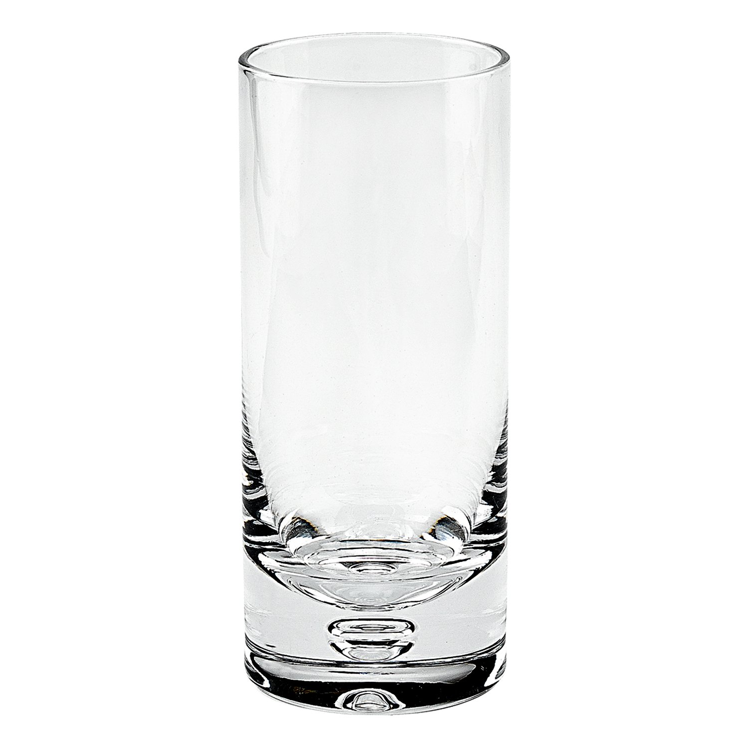 A set of four mouth blown crystal lead free hiball glasses with a unique European galaxy design, showcasing a bubble in the base.