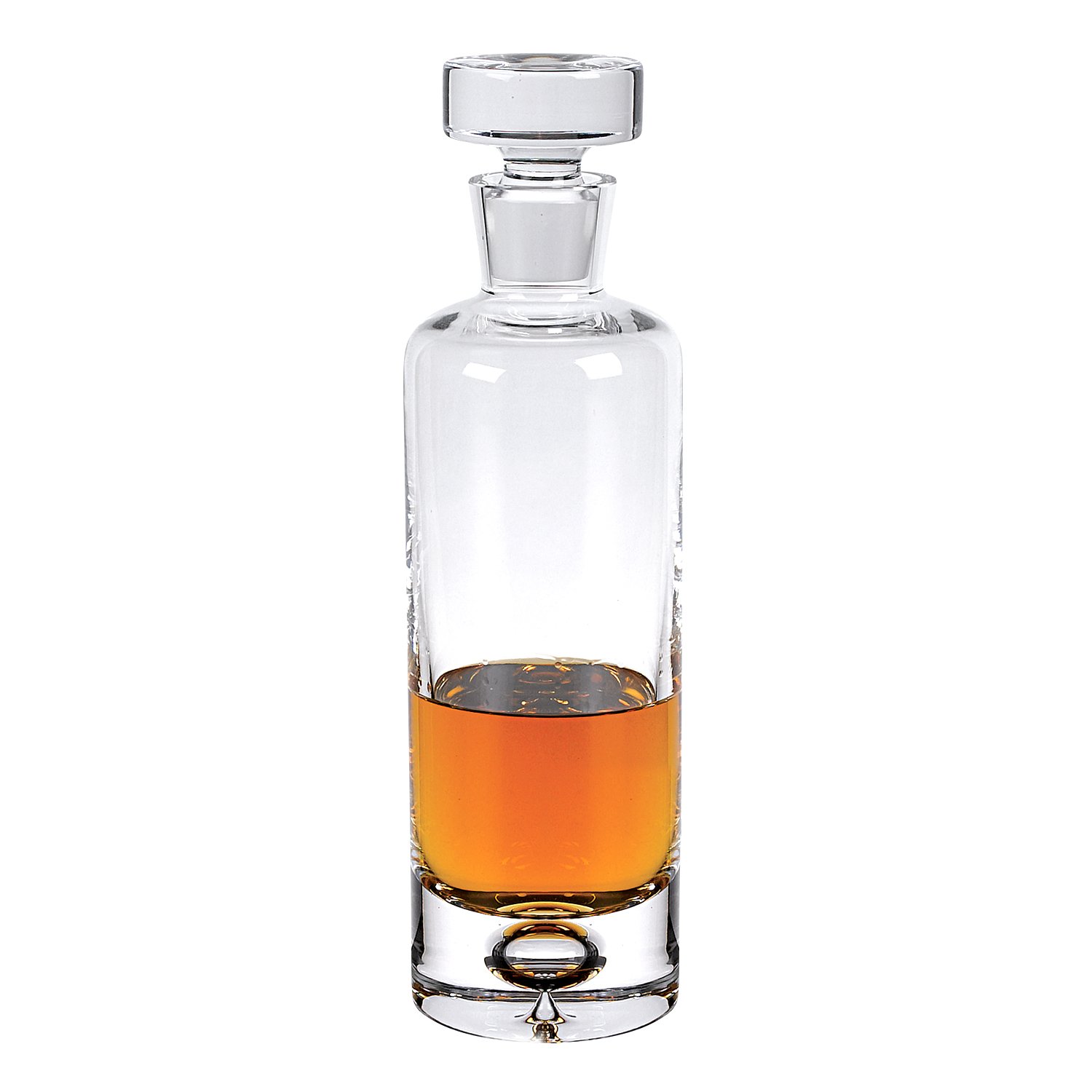 Elegant mouth blown European crystal round decanter with a clear finish, showcasing its 28 oz capacity and sophisticated design.