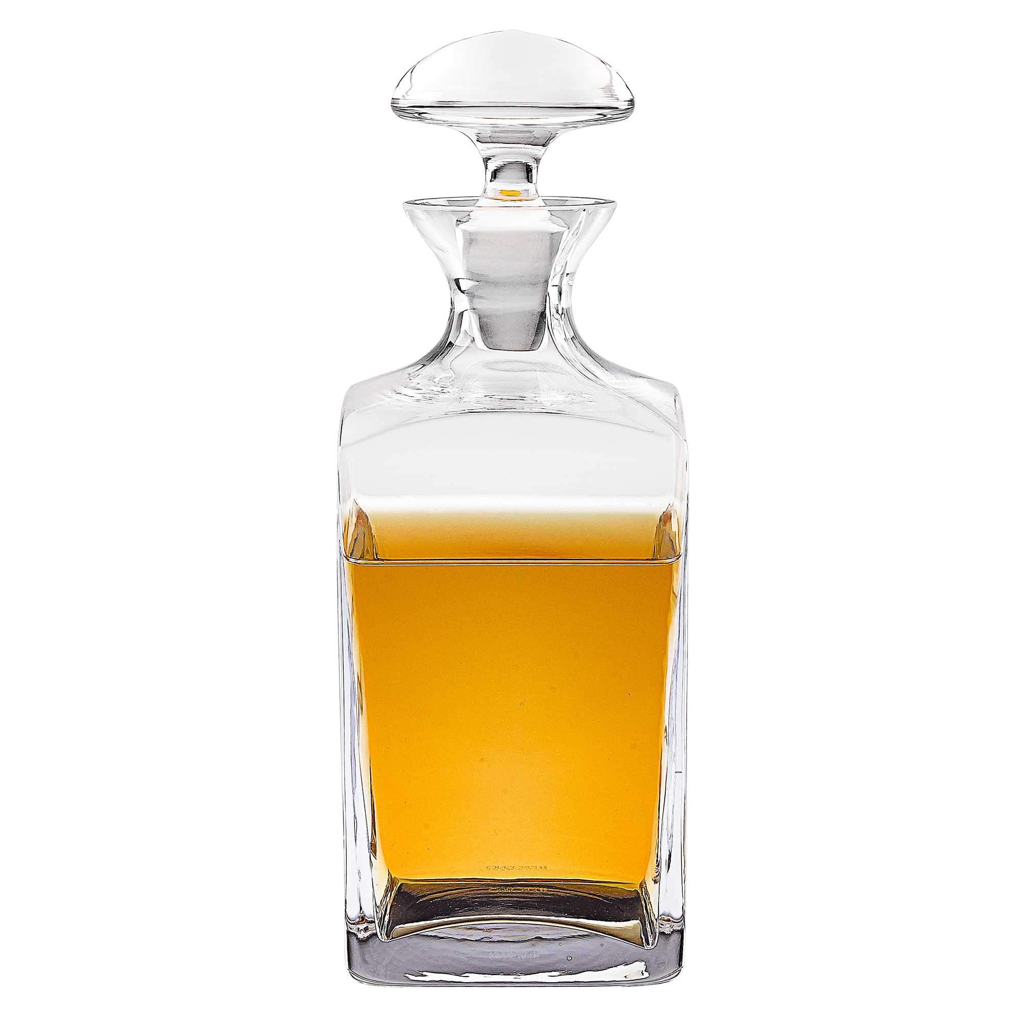 Elegant mouth-blown European crystal whiskey decanter with a 34 oz capacity, showcasing a clear and stylish design.