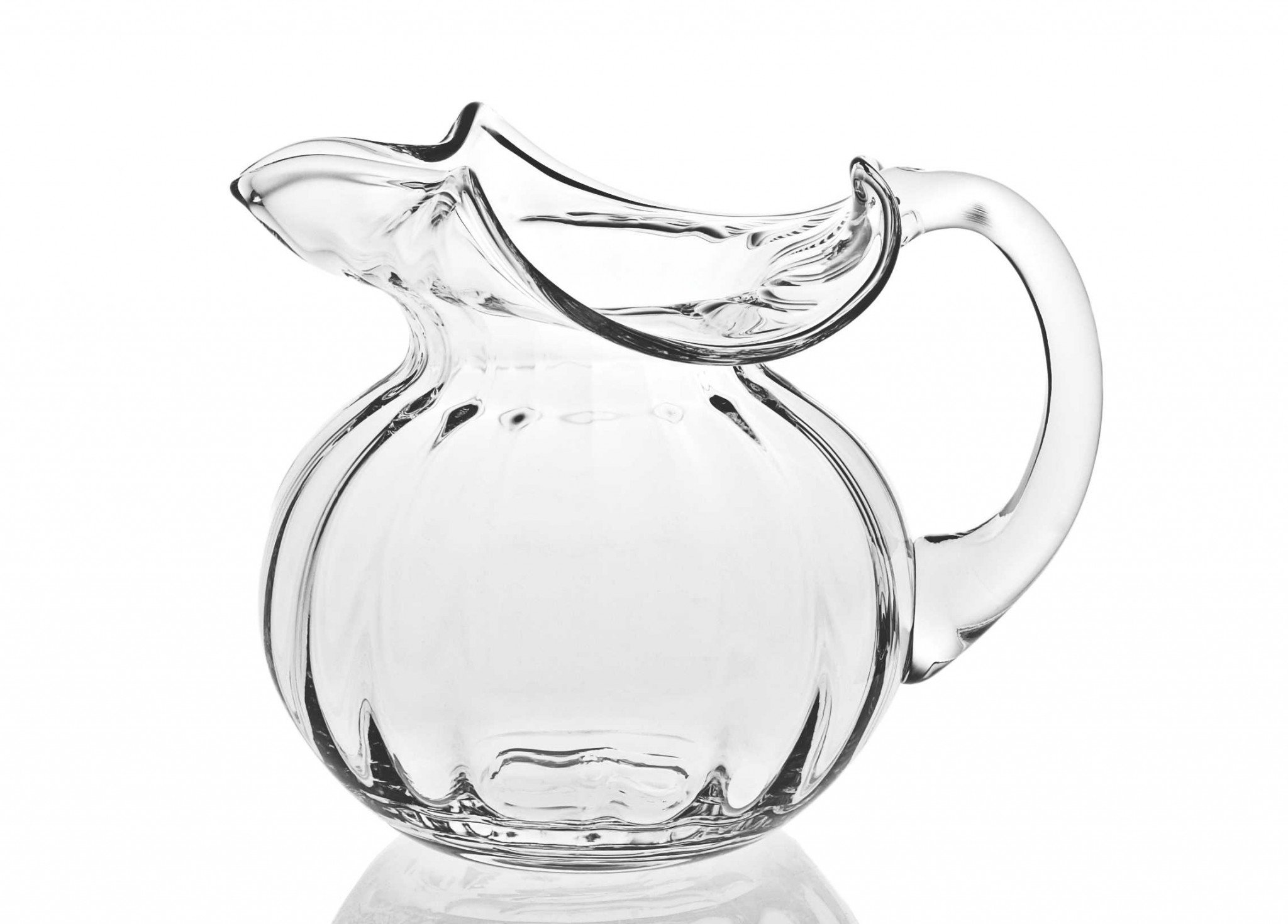 A stunning mouth blown glass pitcher with a 42 oz capacity, showcasing clear lead-free crystal glass, perfect for serving drinks elegantly.