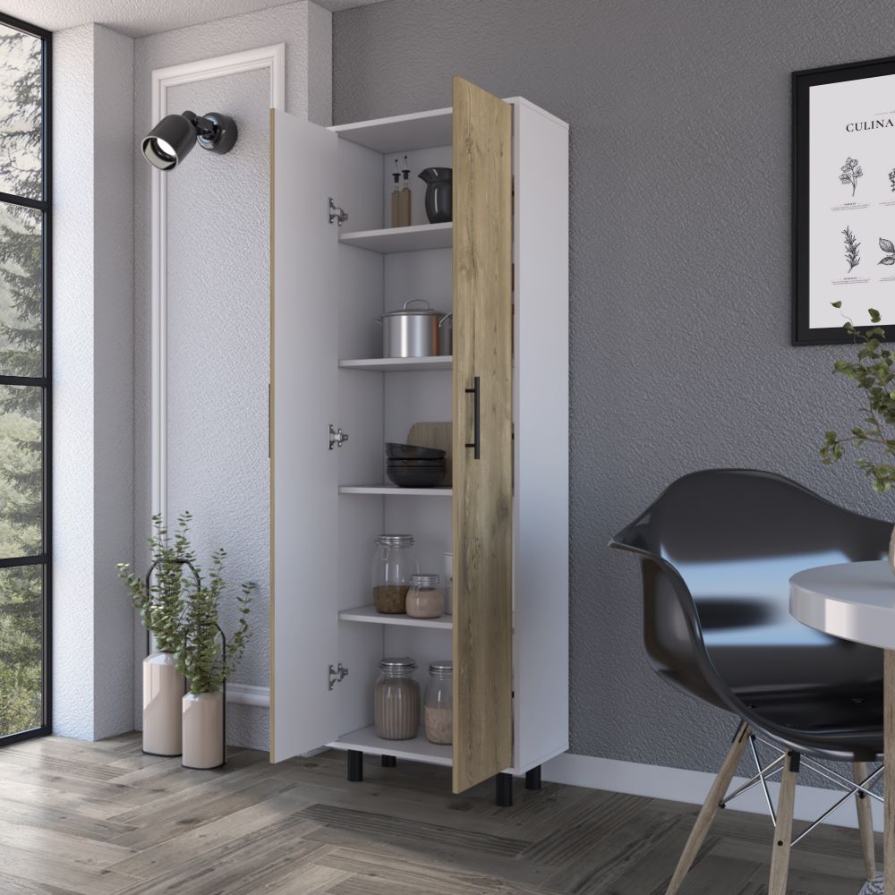 Multistorage Manacor cabinet with five shelves in macadamia and white finish, featuring wheels for mobility.