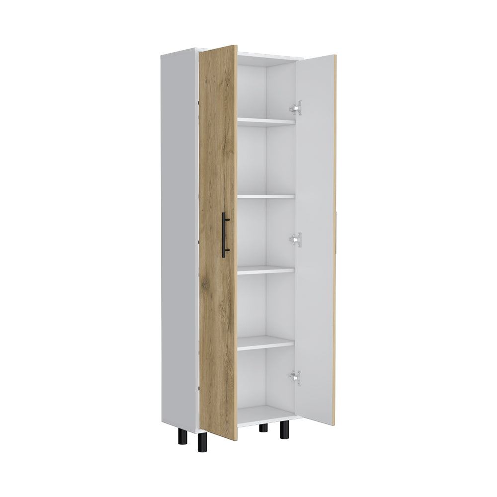 Multistorage Manacor cabinet with five shelves in macadamia and white finish, featuring wheels for mobility.