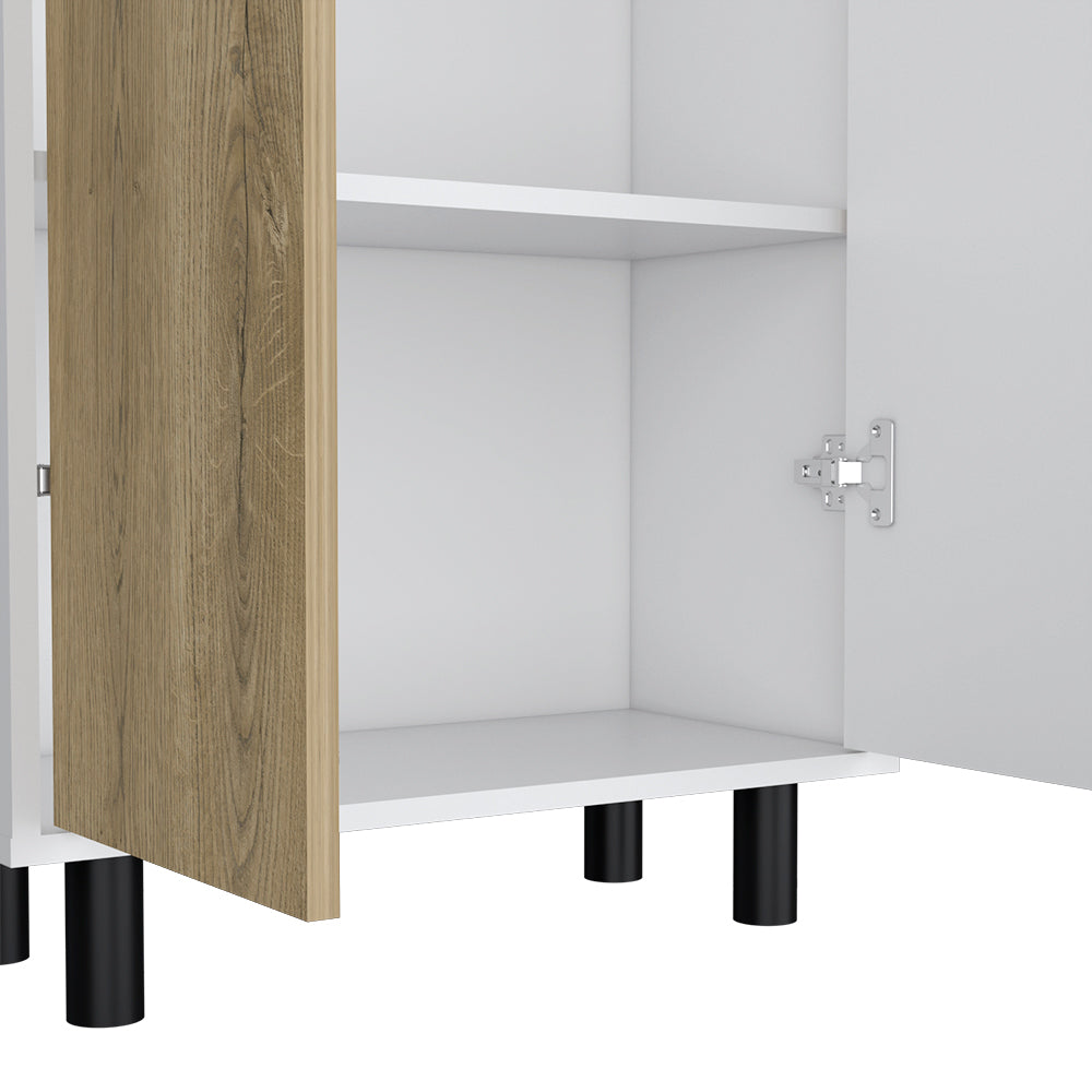 Multistorage Manacor cabinet with five shelves in macadamia and white finish, featuring wheels for mobility.