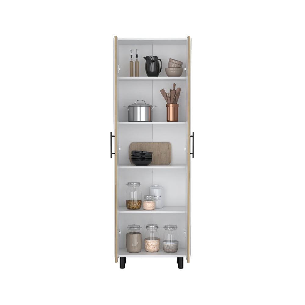 Multistorage Manacor cabinet with five shelves in macadamia and white finish, featuring wheels for mobility.