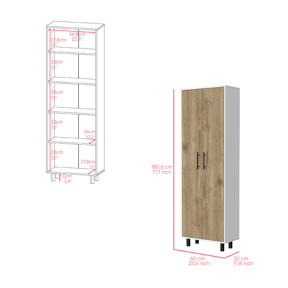 Multistorage Manacor cabinet with five shelves in macadamia and white finish, featuring wheels for mobility.