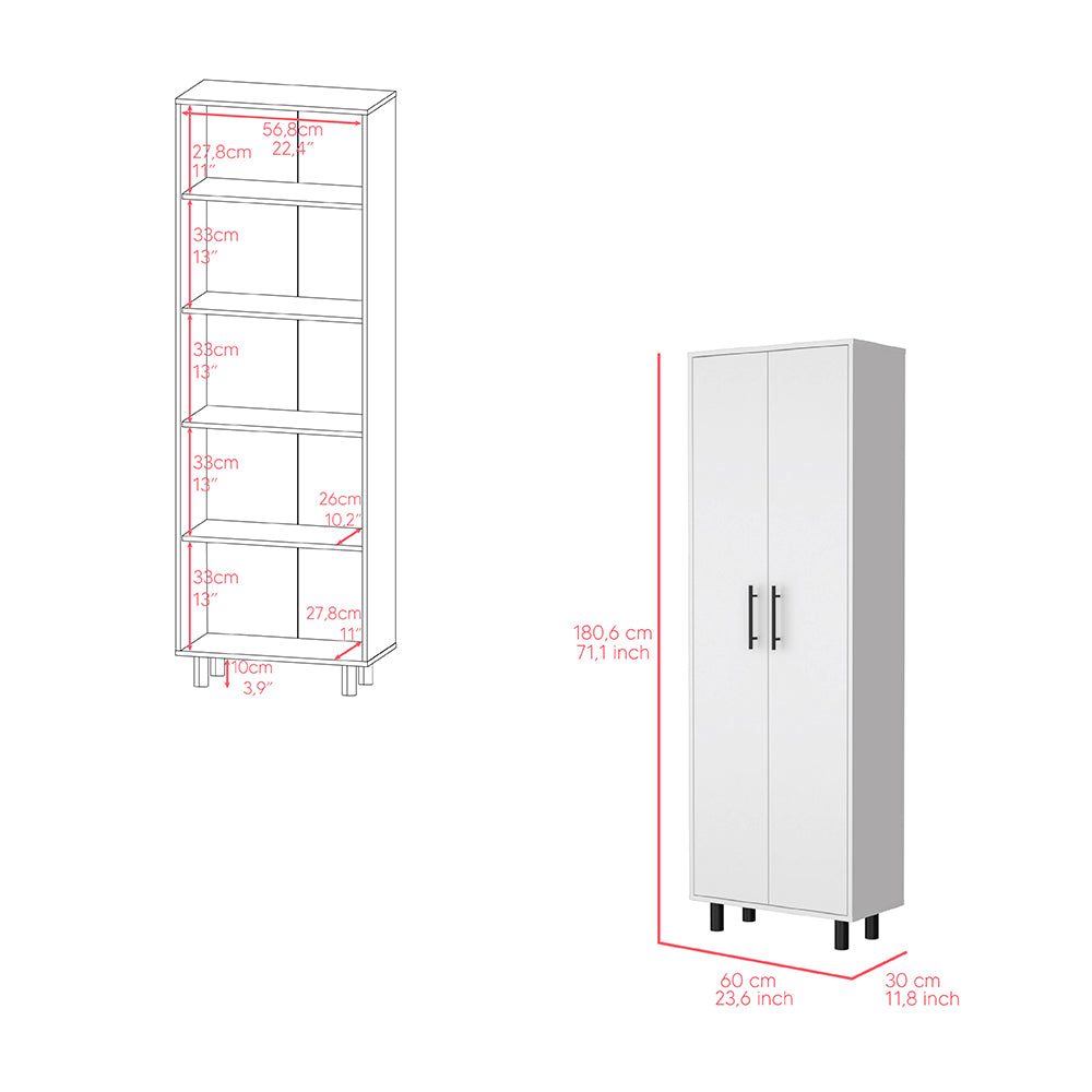 Multistorage Manacor storage cabinet with five shelves and white finish, featuring wheels for easy mobility.