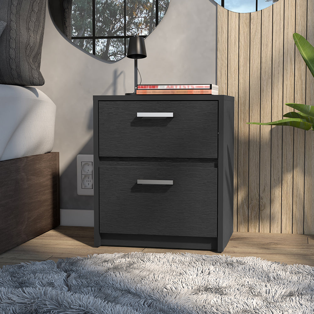 Chequered nightstand with two drawers in black wengue finish, perfect for bedroom or living room use.