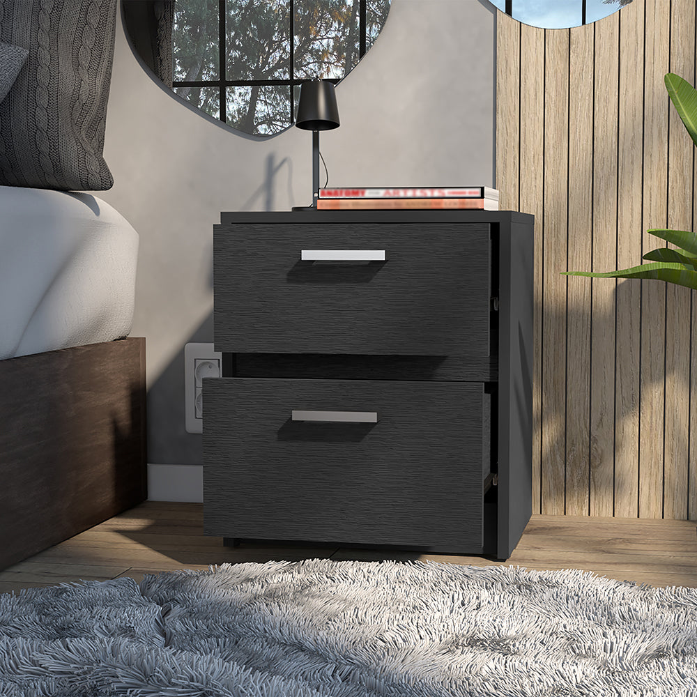 Chequered nightstand with two drawers in black wengue finish, perfect for bedroom or living room use.