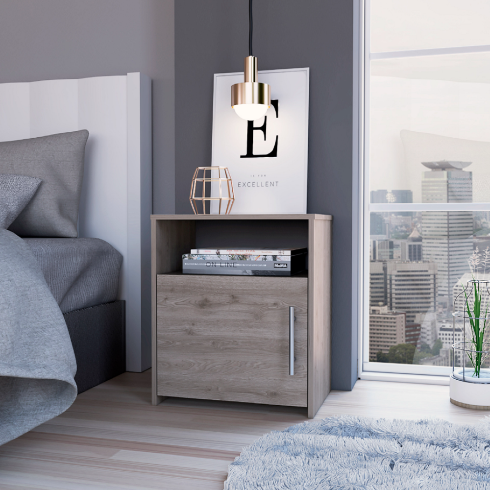 Cuarzz Nightstand in light gray finish with one cabinet and shelf, showcasing minimalist design and compact dimensions.