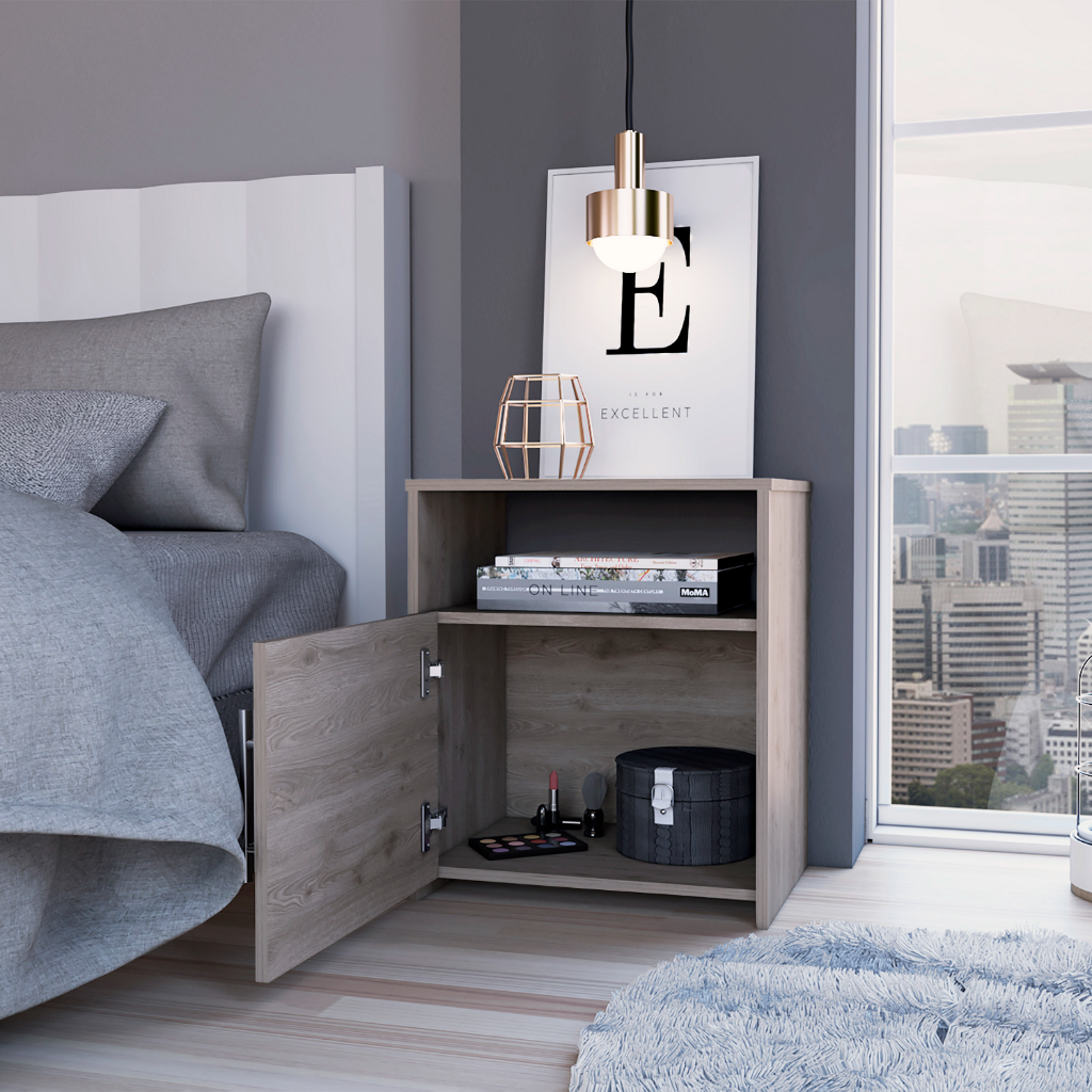 Cuarzz Nightstand in light gray finish with one cabinet and shelf, showcasing minimalist design and compact dimensions.