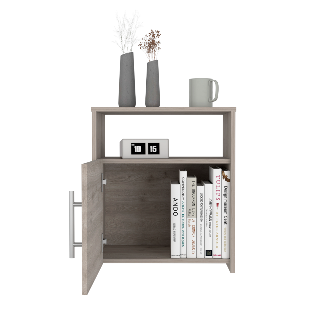 Cuarzz Nightstand in light gray finish with one cabinet and shelf, showcasing minimalist design and compact dimensions.