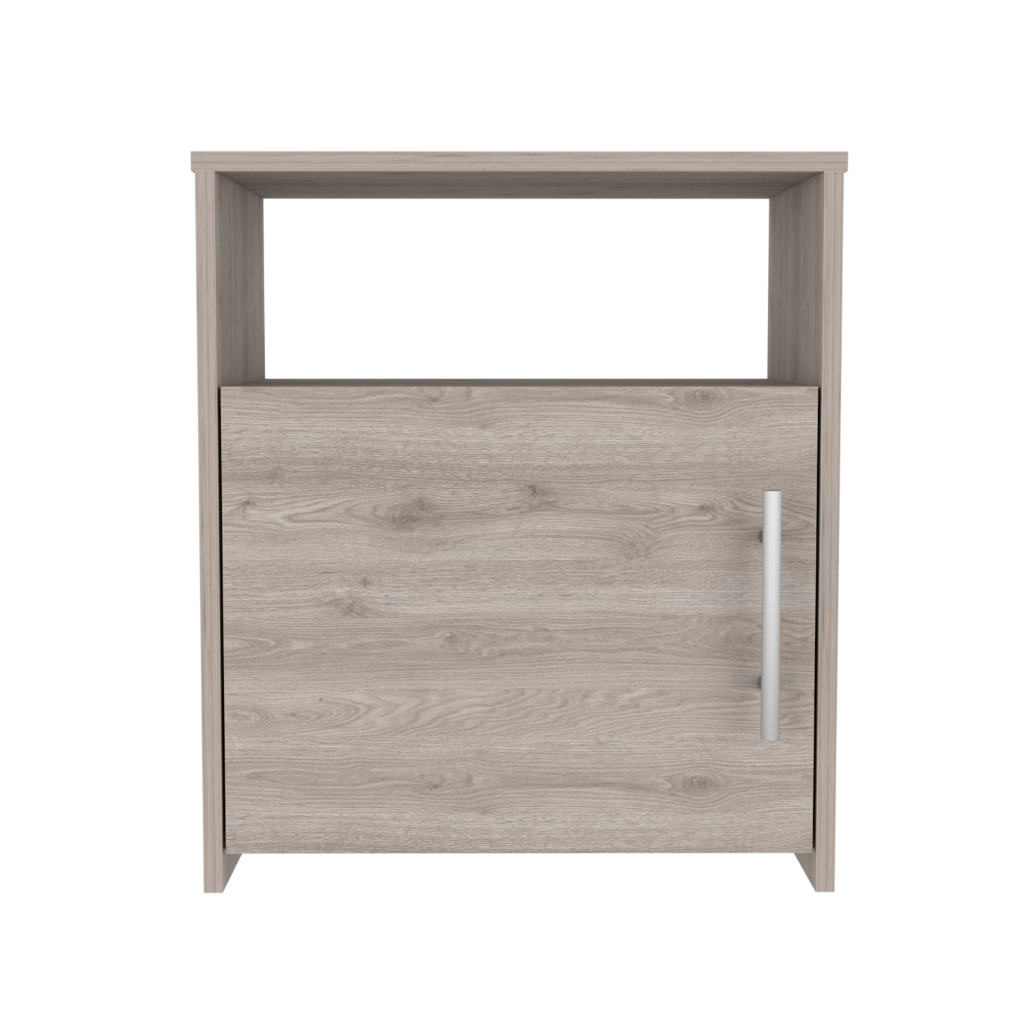 Cuarzz Nightstand in light gray finish with one cabinet and shelf, showcasing minimalist design and compact dimensions.