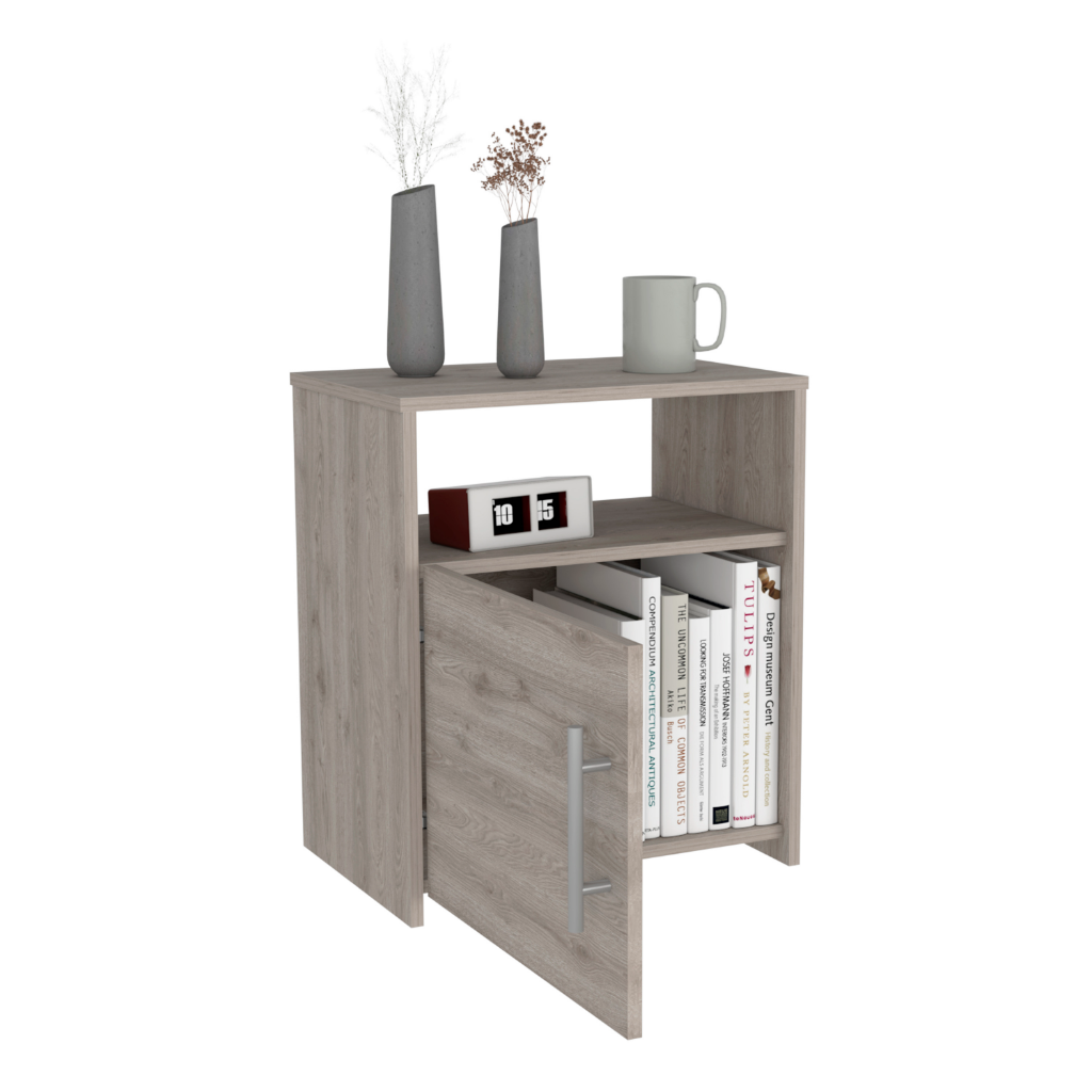 Cuarzz Nightstand in light gray finish with one cabinet and shelf, showcasing minimalist design and compact dimensions.