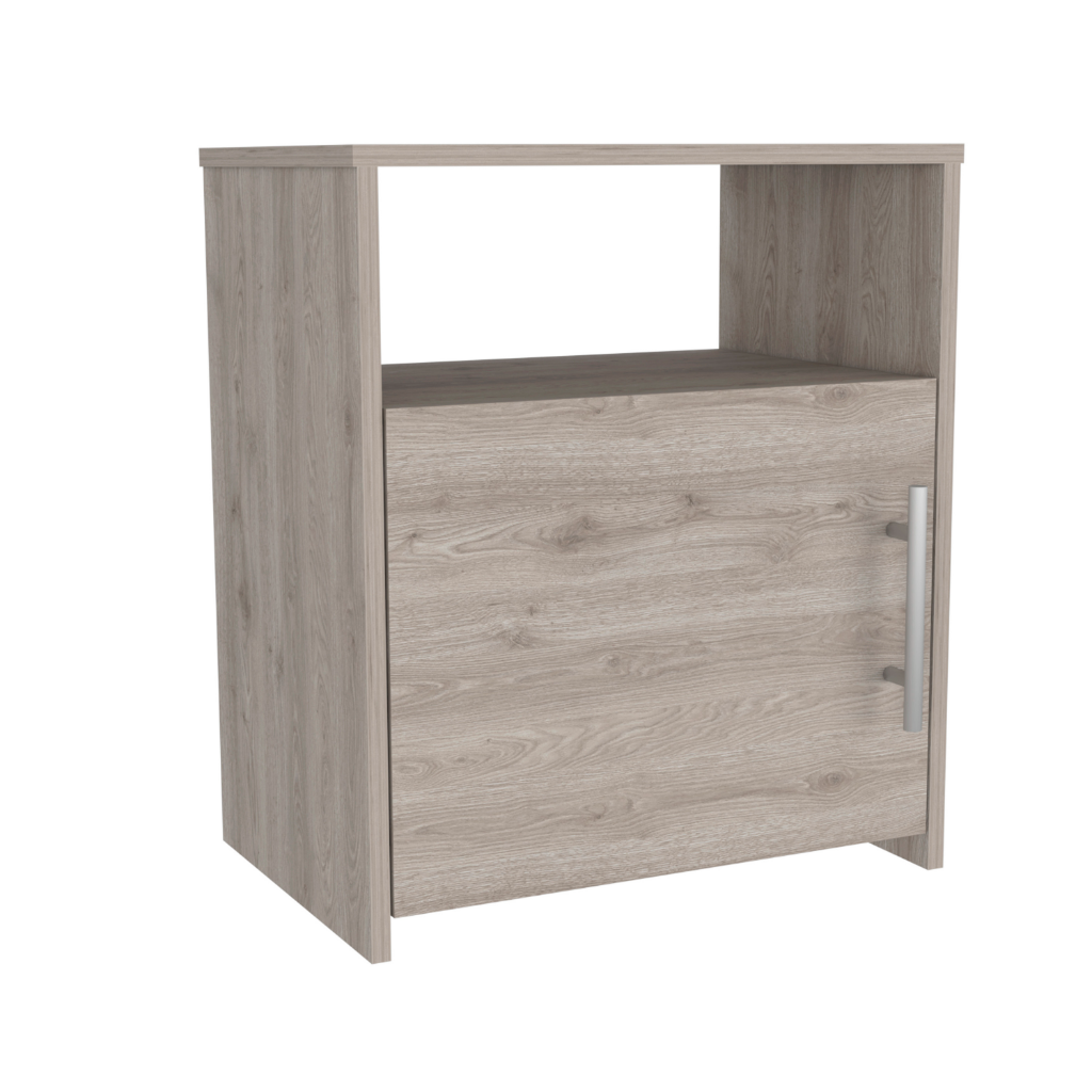 Cuarzz Nightstand in light gray finish with one cabinet and shelf, showcasing minimalist design and compact dimensions.