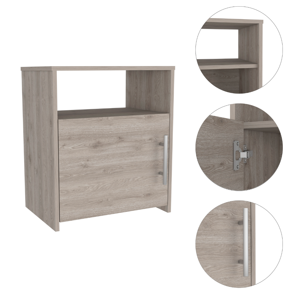 Cuarzz Nightstand in light gray finish with one cabinet and shelf, showcasing minimalist design and compact dimensions.