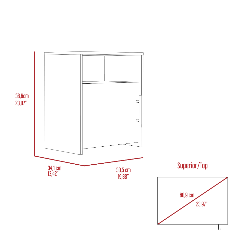 Cuarzz Nightstand in light gray finish with one cabinet and shelf, showcasing minimalist design and compact dimensions.