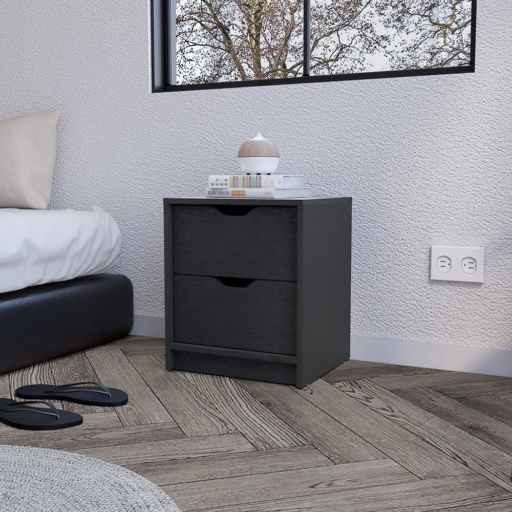 Gandu nightstand with two drawers in black wengue finish, showcasing its elegant design and spacious storage.