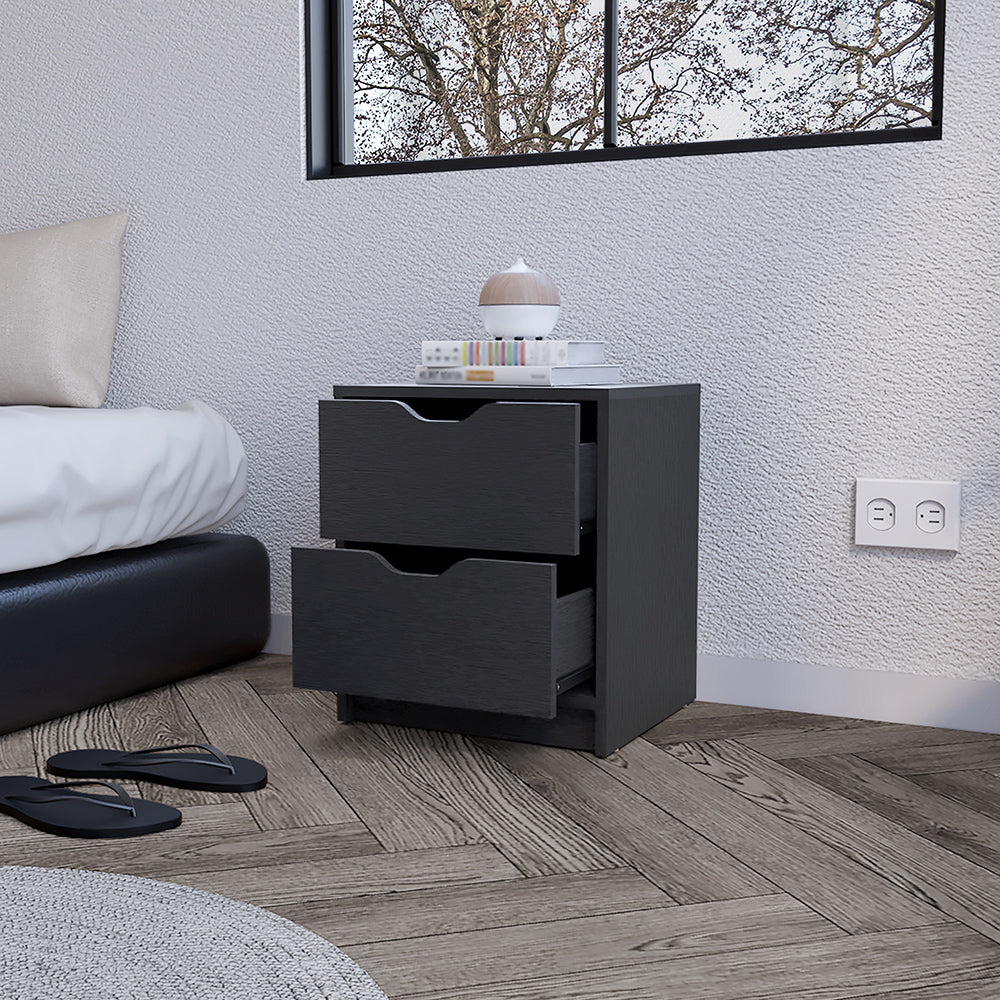 Gandu nightstand with two drawers in black wengue finish, showcasing its elegant design and spacious storage.