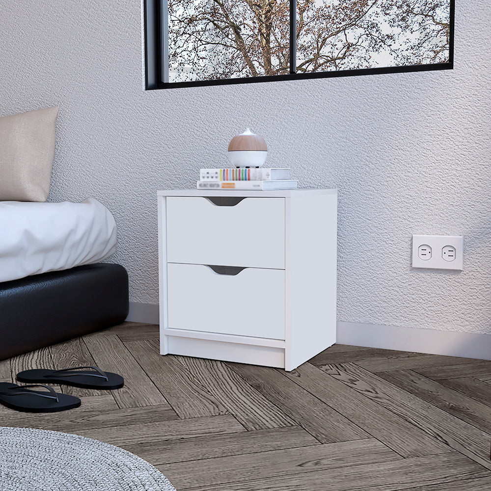 Gandu Nightstand with two drawers in white finish, showcasing its elegant design and compact size.