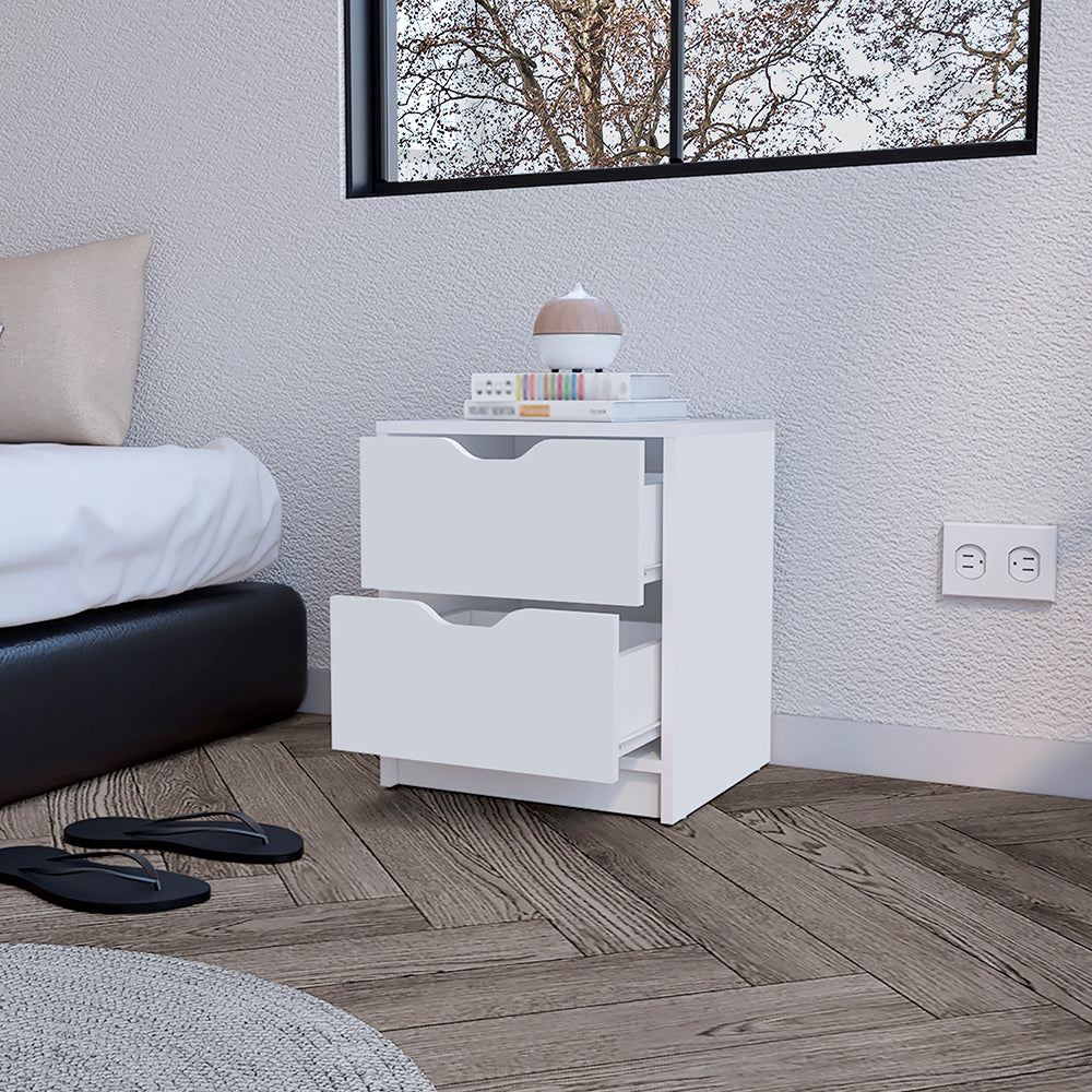 Gandu Nightstand with two drawers in white finish, showcasing its elegant design and compact size.