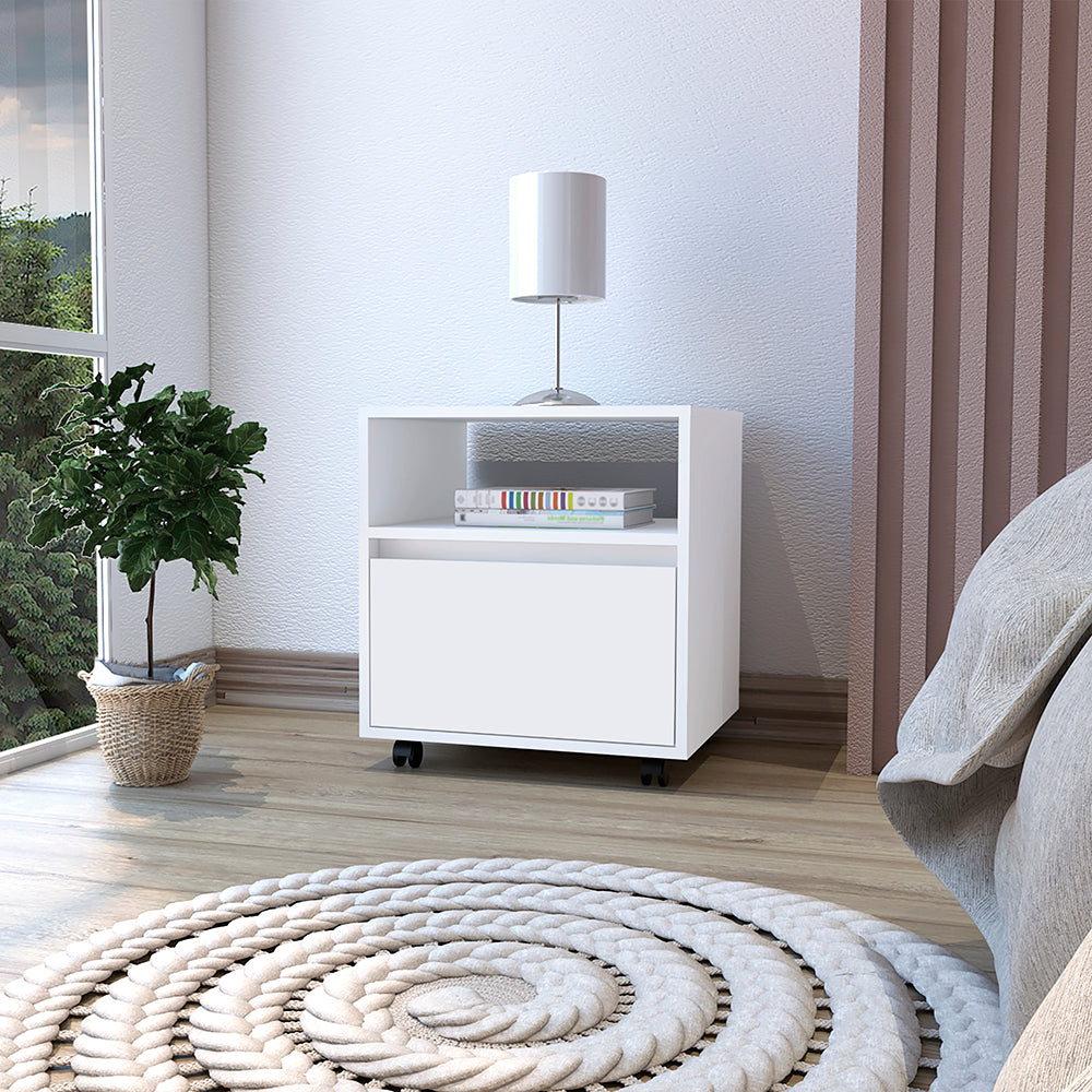 Munyochi nightstand with one drawer and white finish, showcasing its elegant design and compact size, perfect for bedroom or living room use.