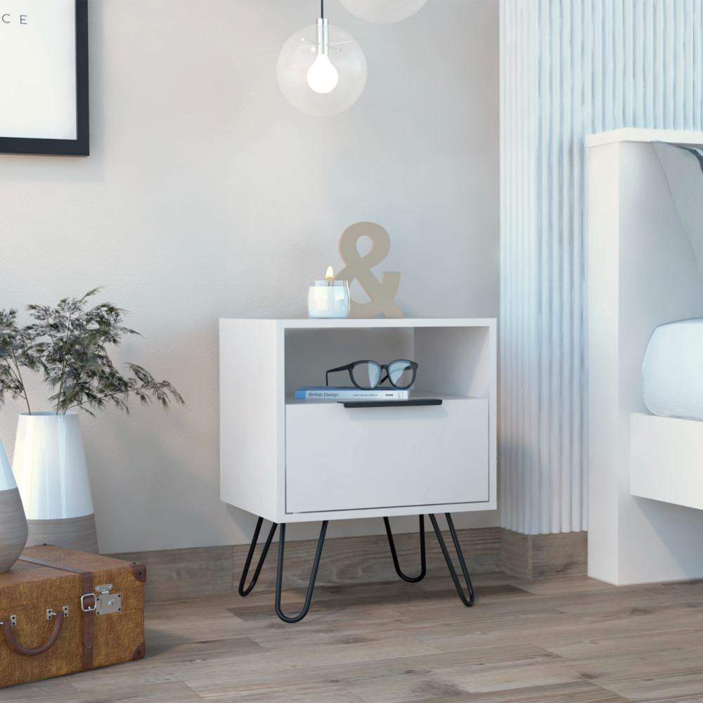 Skyoner Nightstand featuring a sleek white finish, single drawer, and stylish hairpin legs, perfect for modern bedroom decor.