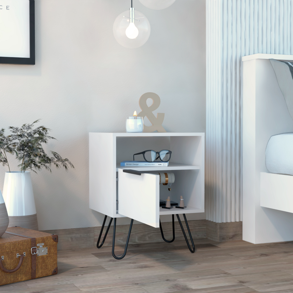 Skyoner Nightstand featuring a sleek white finish, single drawer, and stylish hairpin legs, perfect for modern bedroom decor.