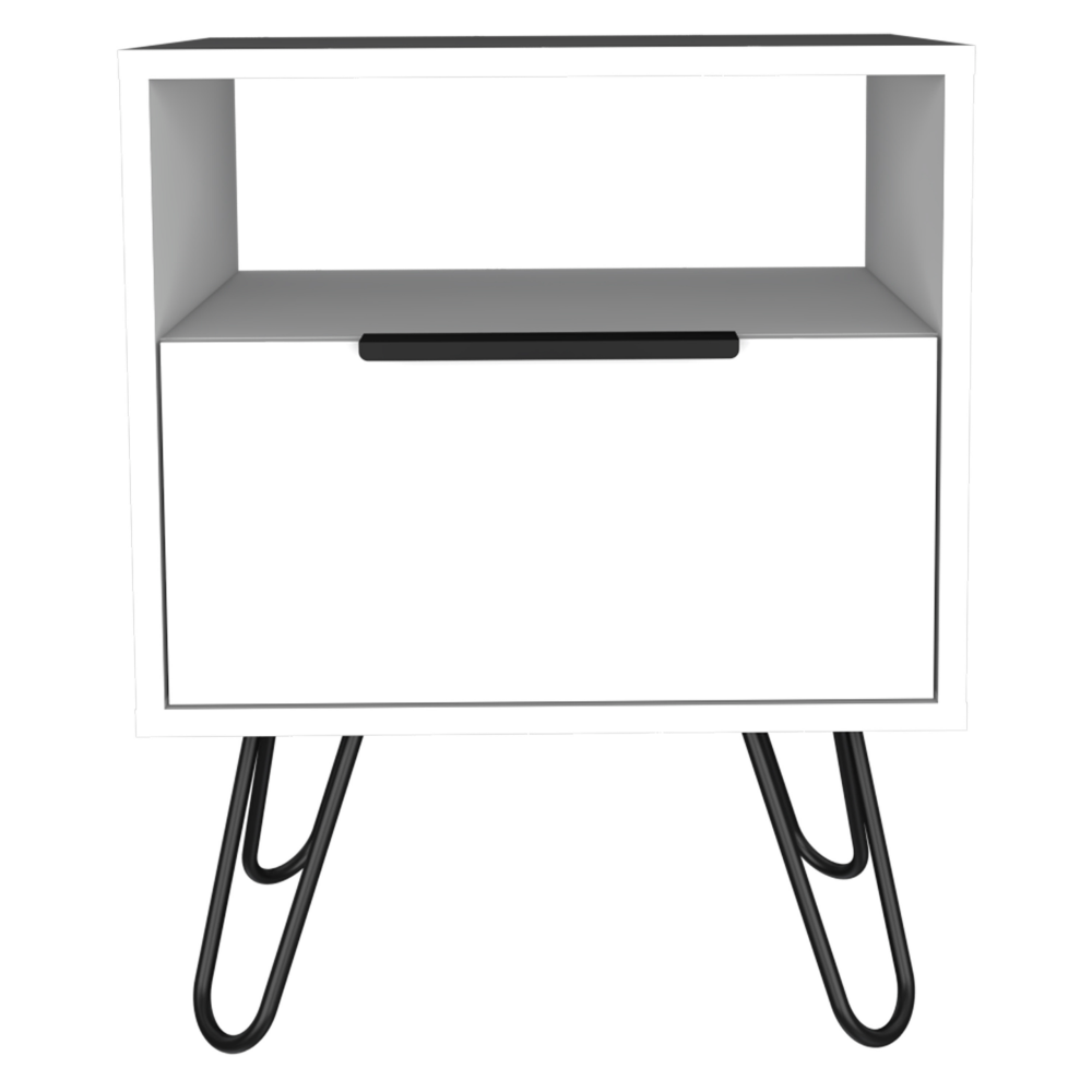 Skyoner Nightstand featuring a sleek white finish, single drawer, and stylish hairpin legs, perfect for modern bedroom decor.