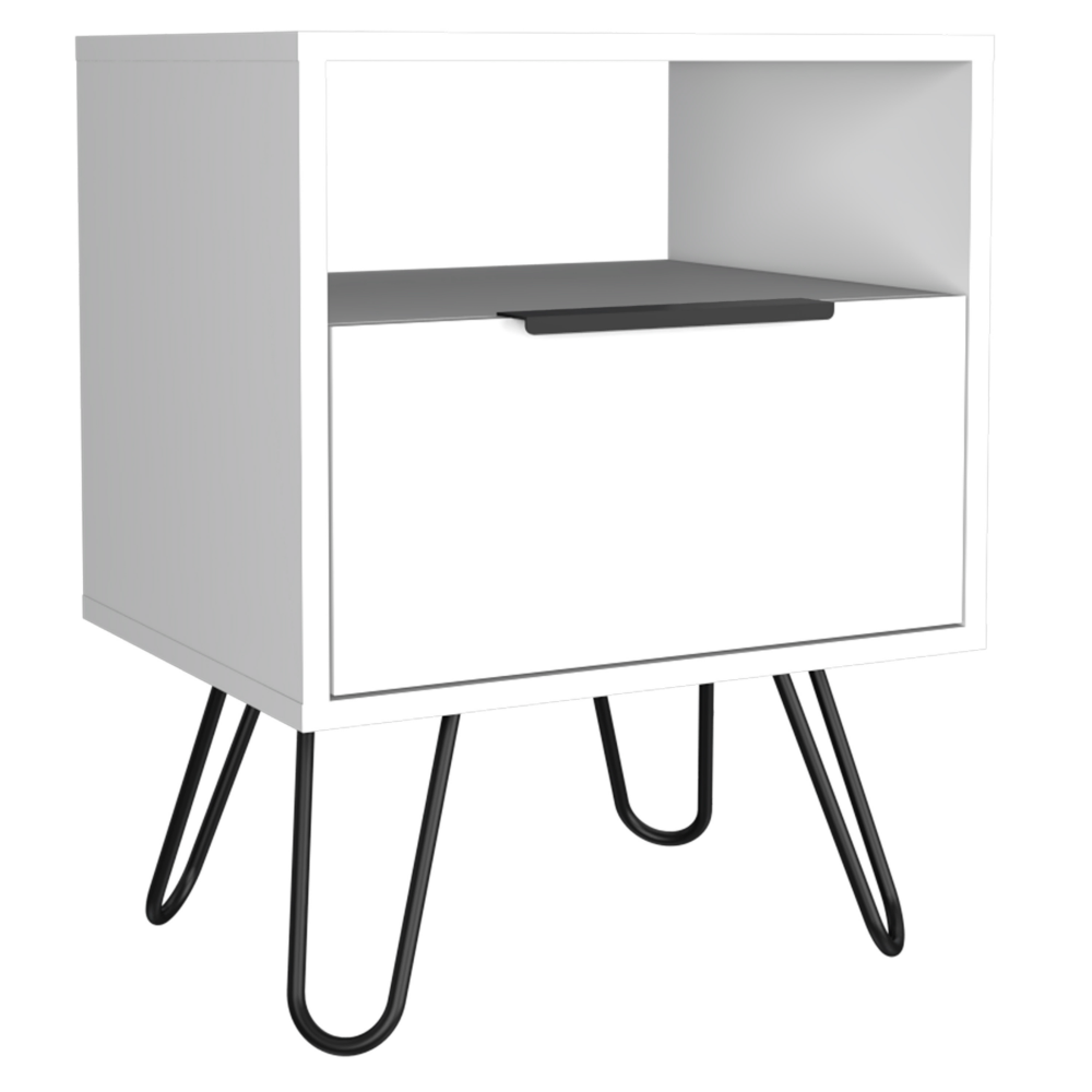 Skyoner Nightstand featuring a sleek white finish, single drawer, and stylish hairpin legs, perfect for modern bedroom decor.