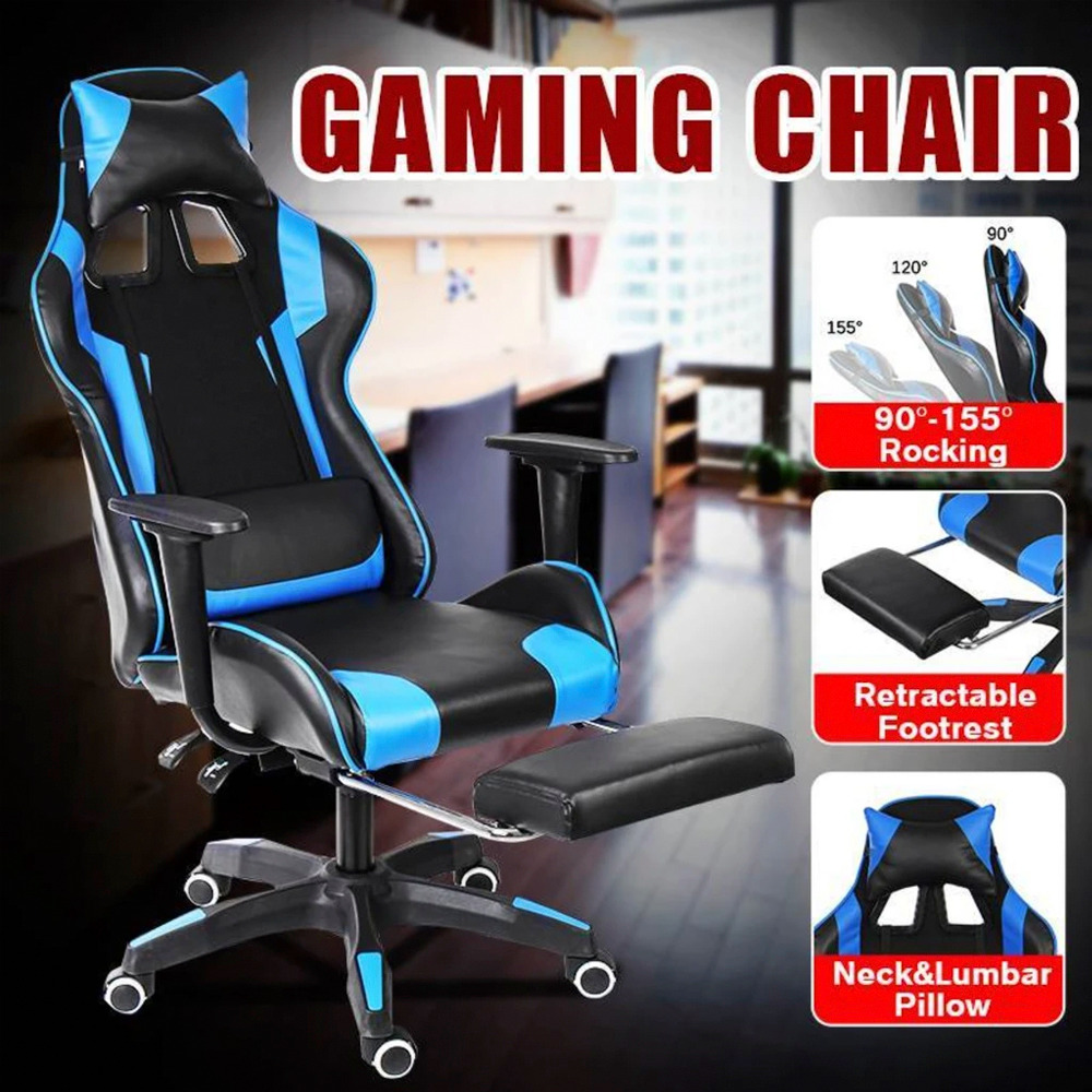 Ninja Dragon Vegan Leather Computer Gaming Chair in Fire Red and Ocean Blue, featuring a multi-angle reclining design, retractable footrest, and ergonomic cushions.