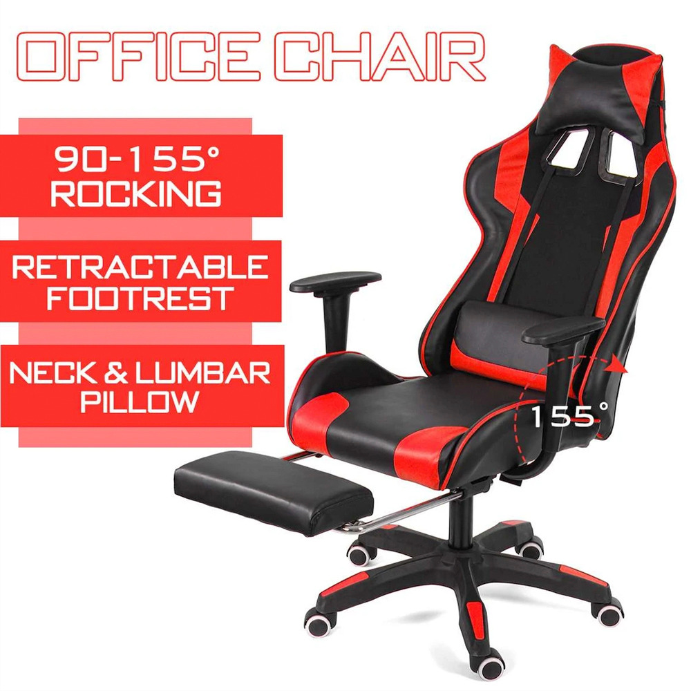 Ninja Dragon Vegan Leather Computer Gaming Chair in Fire Red and Ocean Blue, featuring a multi-angle reclining design, retractable footrest, and ergonomic cushions.