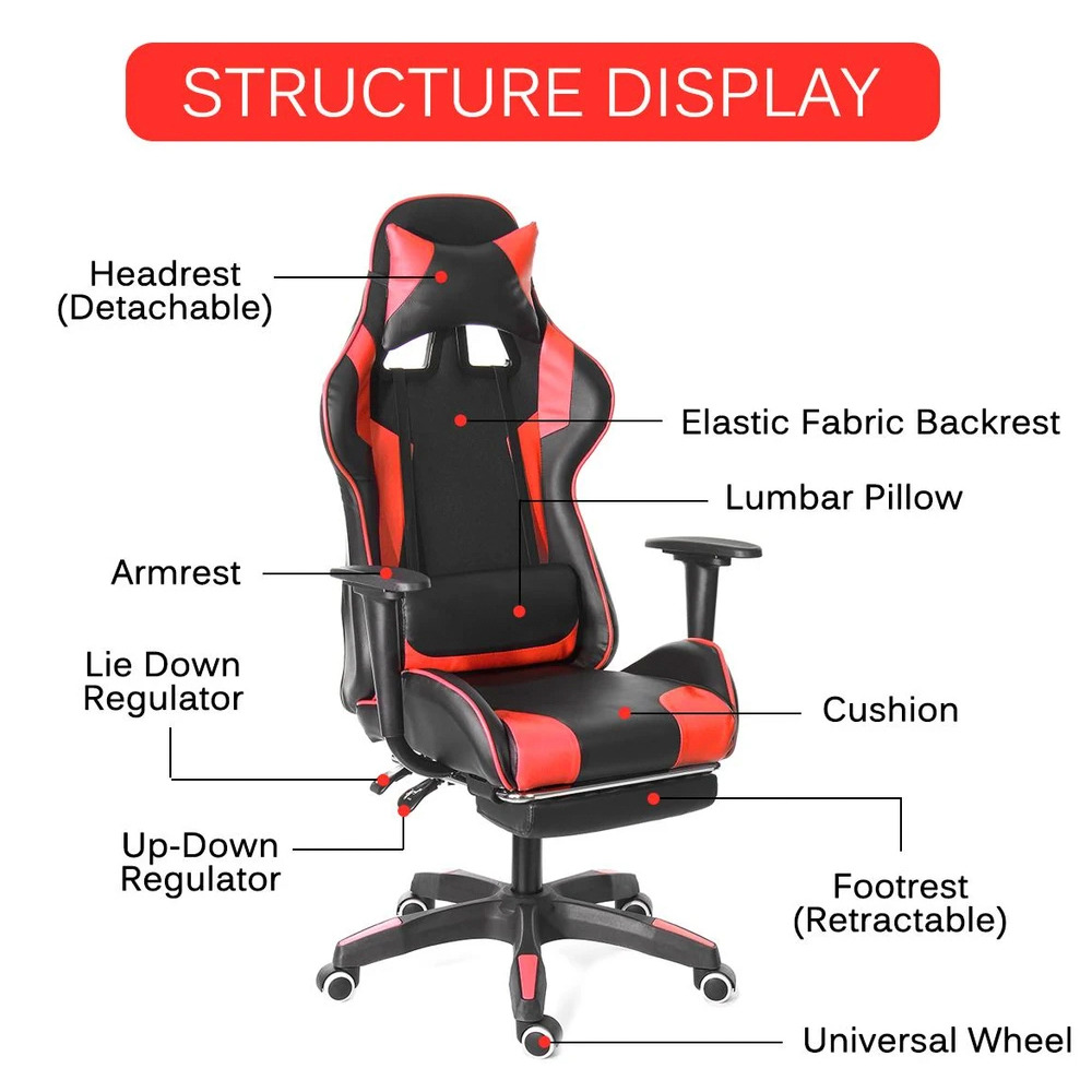 Ninja Dragon Vegan Leather Computer Gaming Chair in Fire Red and Ocean Blue, featuring a multi-angle reclining design, retractable footrest, and ergonomic cushions.