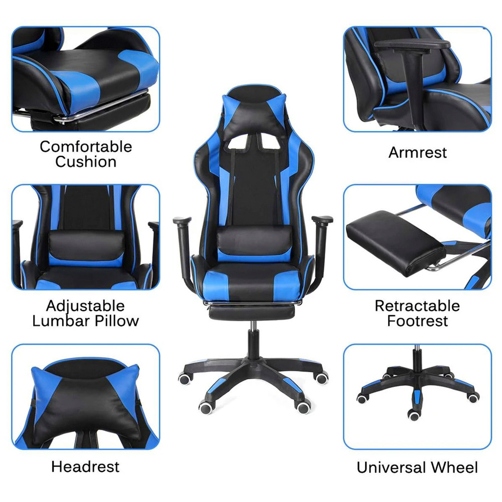 Ninja Dragon Vegan Leather Computer Gaming Chair in Fire Red and Ocean Blue, featuring a multi-angle reclining design, retractable footrest, and ergonomic cushions.