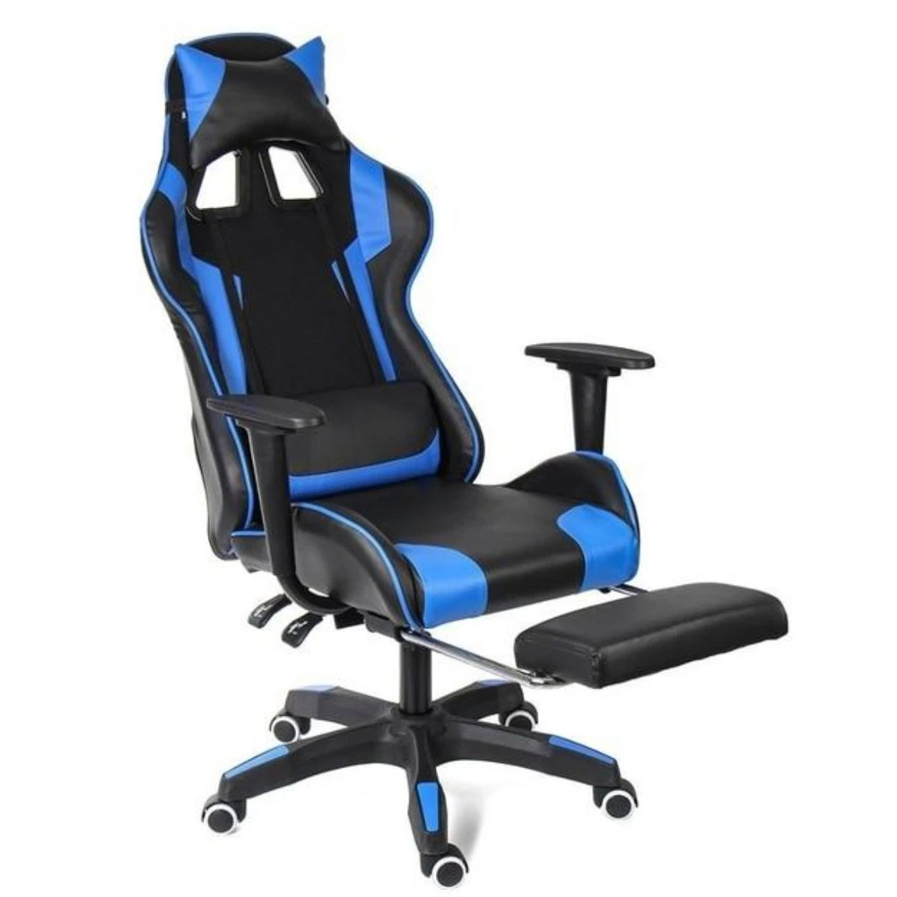 Ninja Dragon Vegan Leather Computer Gaming Chair in Fire Red and Ocean Blue, featuring a multi-angle reclining design, retractable footrest, and ergonomic cushions.