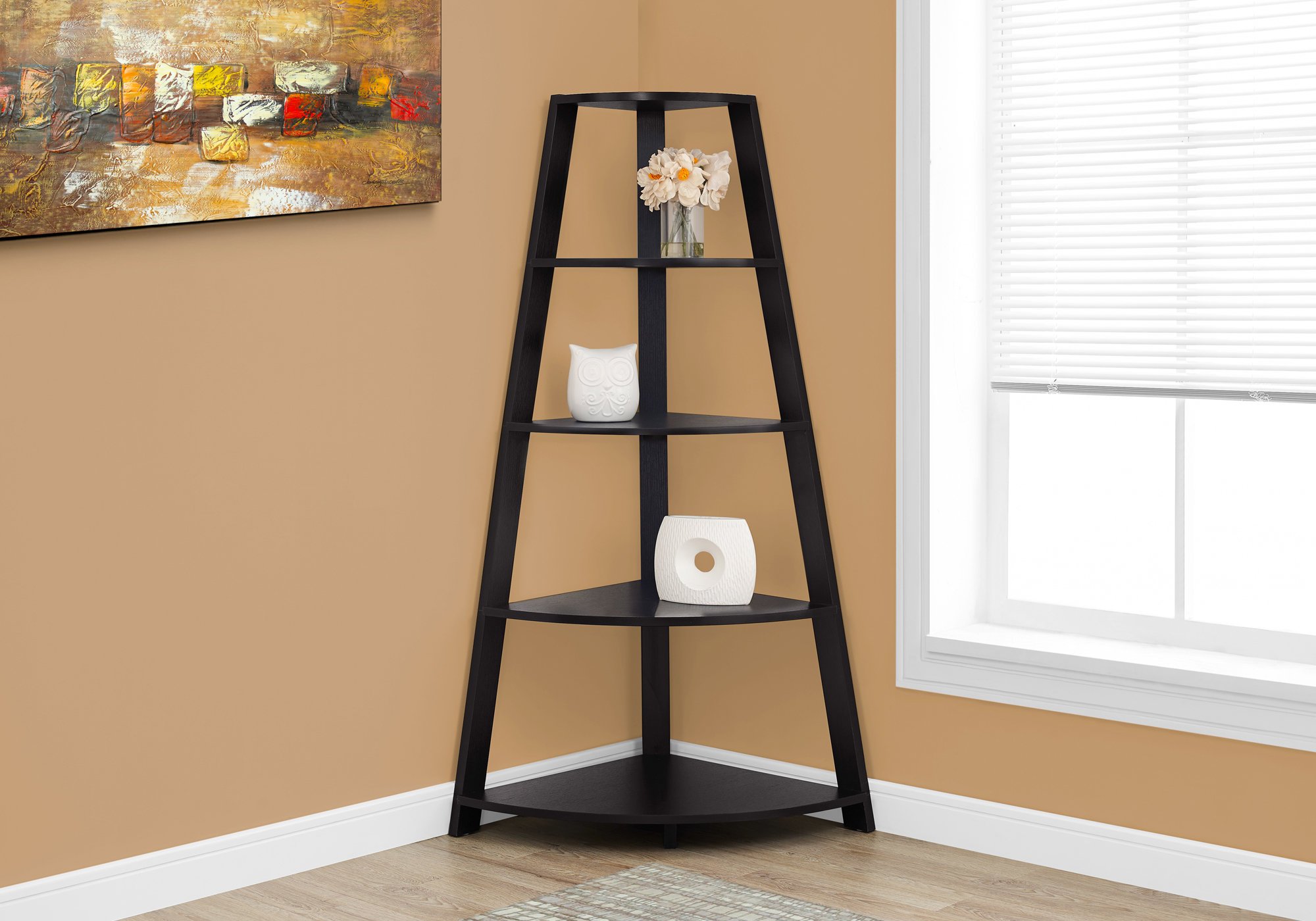 Noir Black Bookcase Corner Accent Shelf with four tray-style shelves, elegantly designed for modern interiors.