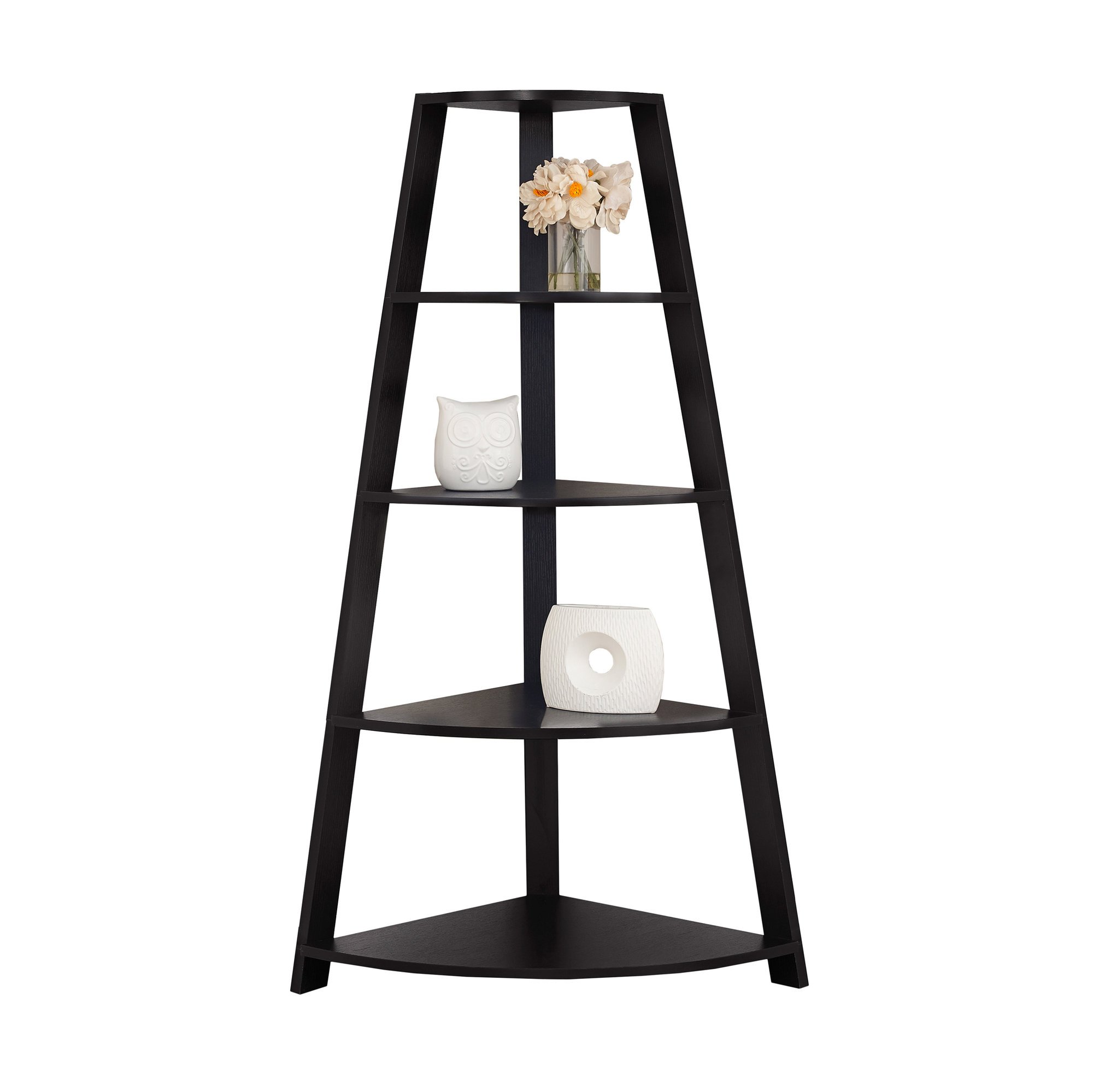 Noir Black Bookcase Corner Accent Shelf with four tray-style shelves, elegantly designed for modern interiors.