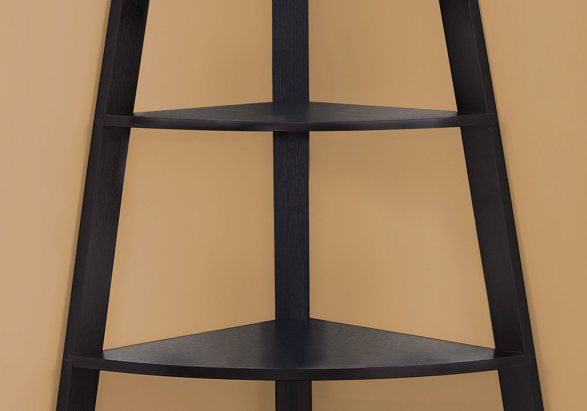 Noir Black Bookcase Corner Accent Shelf with four tray-style shelves, elegantly designed for modern interiors.