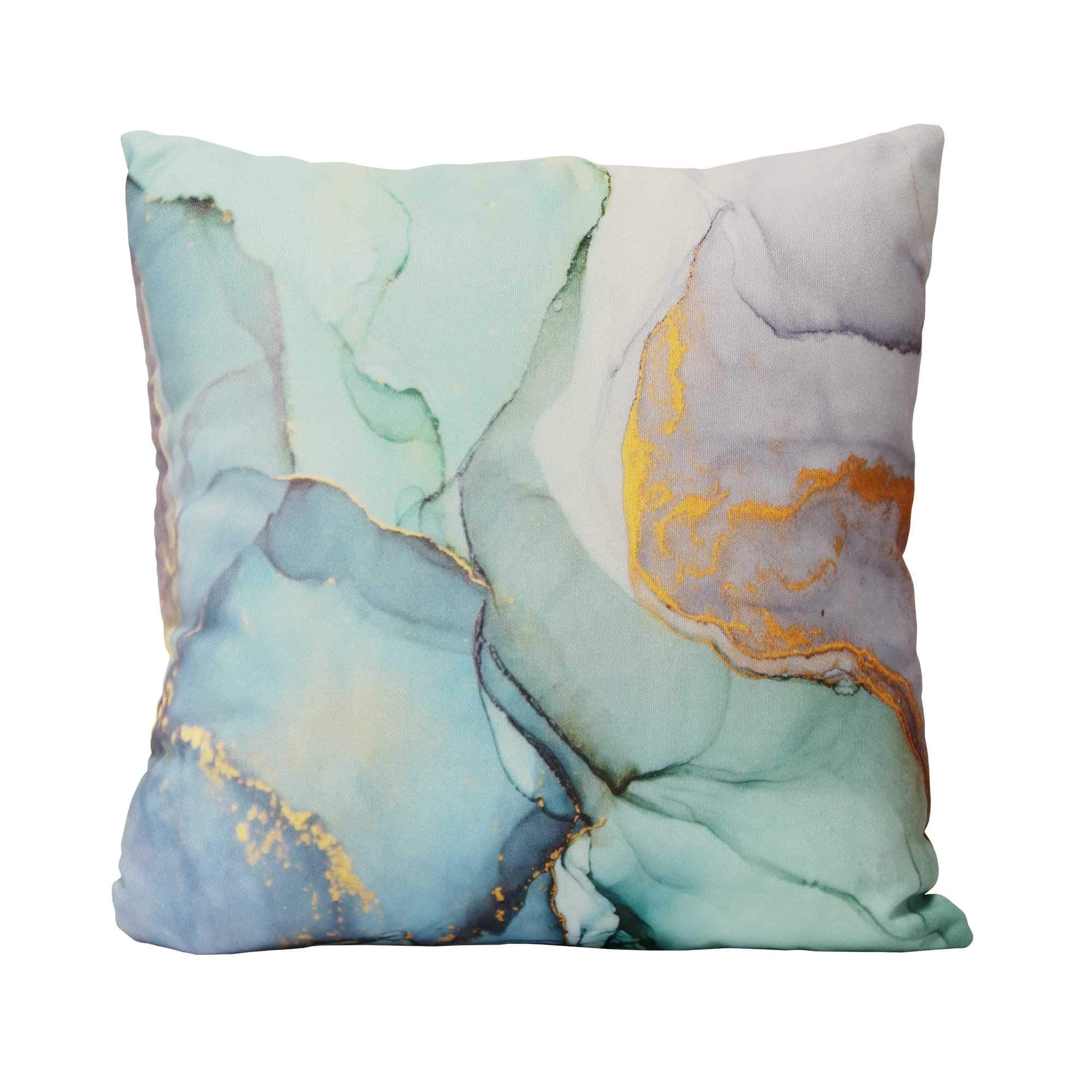 Pastel Watercolor Marble Cotton Square Throw Pillow featuring blue, green, and gold accents, perfect for home decor.