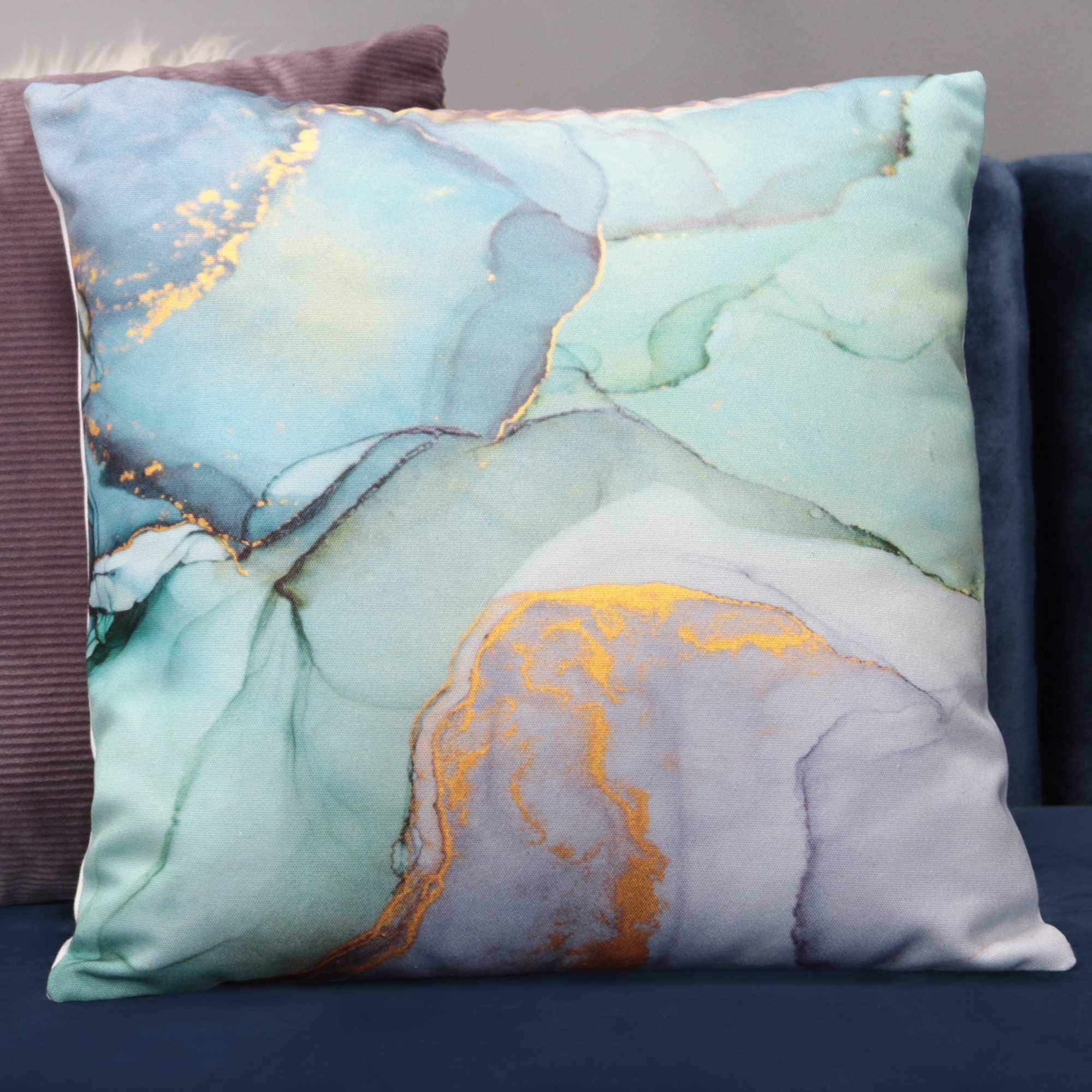 Pastel Watercolor Marble Cotton Square Throw Pillow featuring blue, green, and gold accents, perfect for home decor.