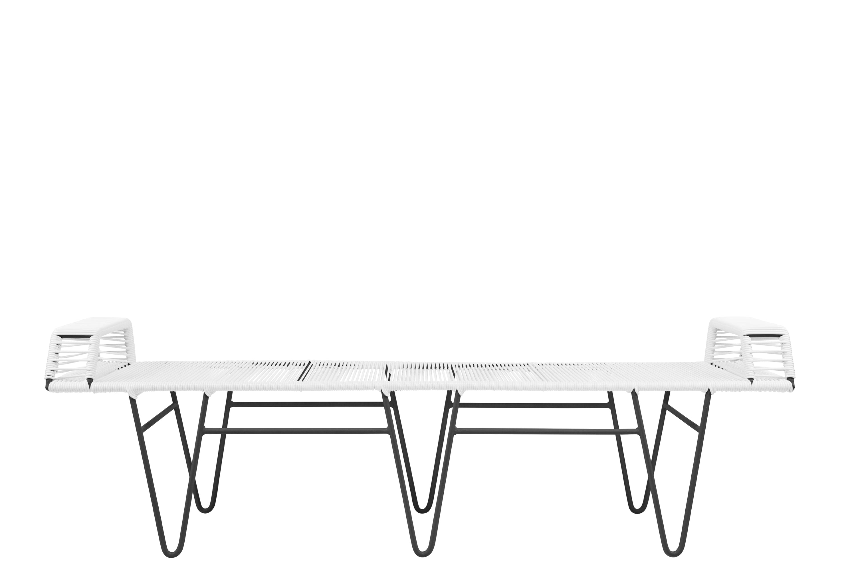 Pelopin Bench featuring a sleek hairpin base, designed for indoor and outdoor use, showcasing modern aesthetics.