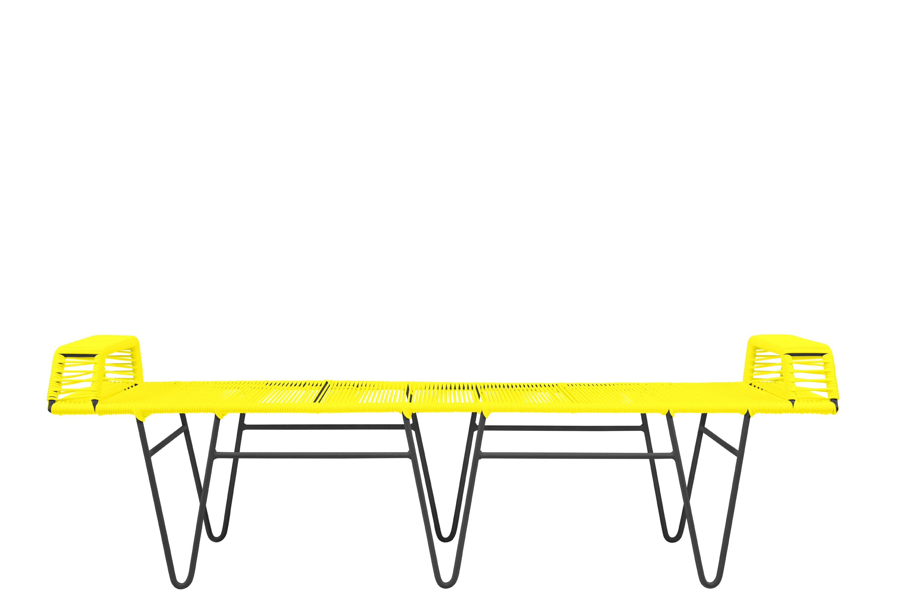 Pelopin Bench featuring a sleek hairpin base, designed for indoor and outdoor use, showcasing modern aesthetics.