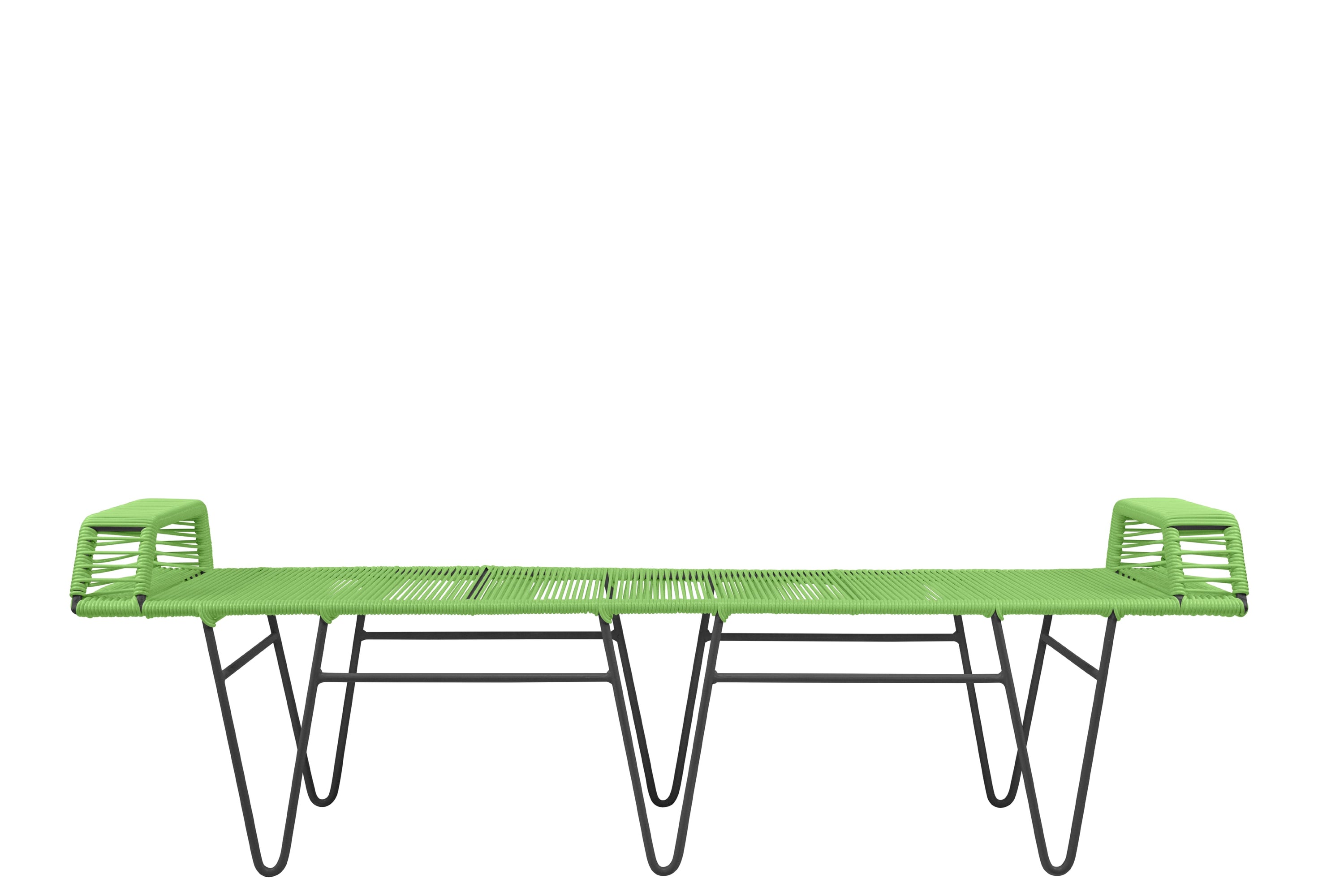 Pelopin Bench featuring a sleek hairpin base, designed for indoor and outdoor use, showcasing modern aesthetics.