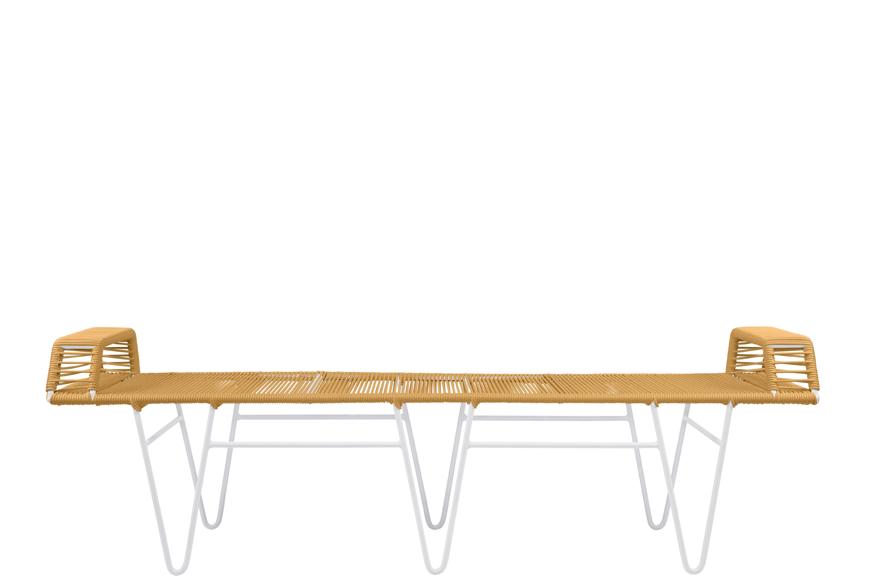 Pelopin Bench featuring a sleek hairpin base, designed for indoor and outdoor use, showcasing modern aesthetics.