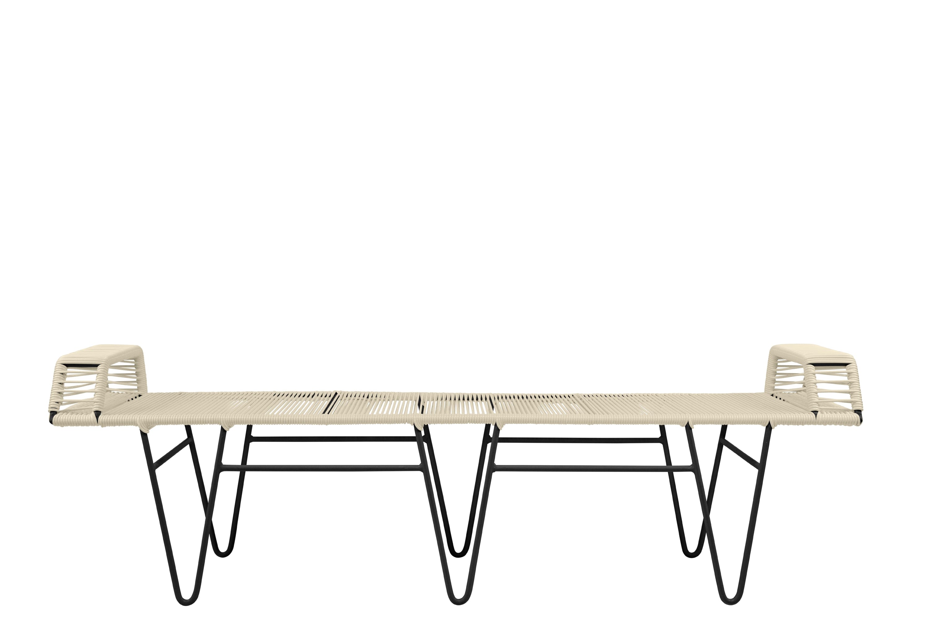 Pelopin Bench featuring a sleek hairpin base, designed for indoor and outdoor use, showcasing modern aesthetics.