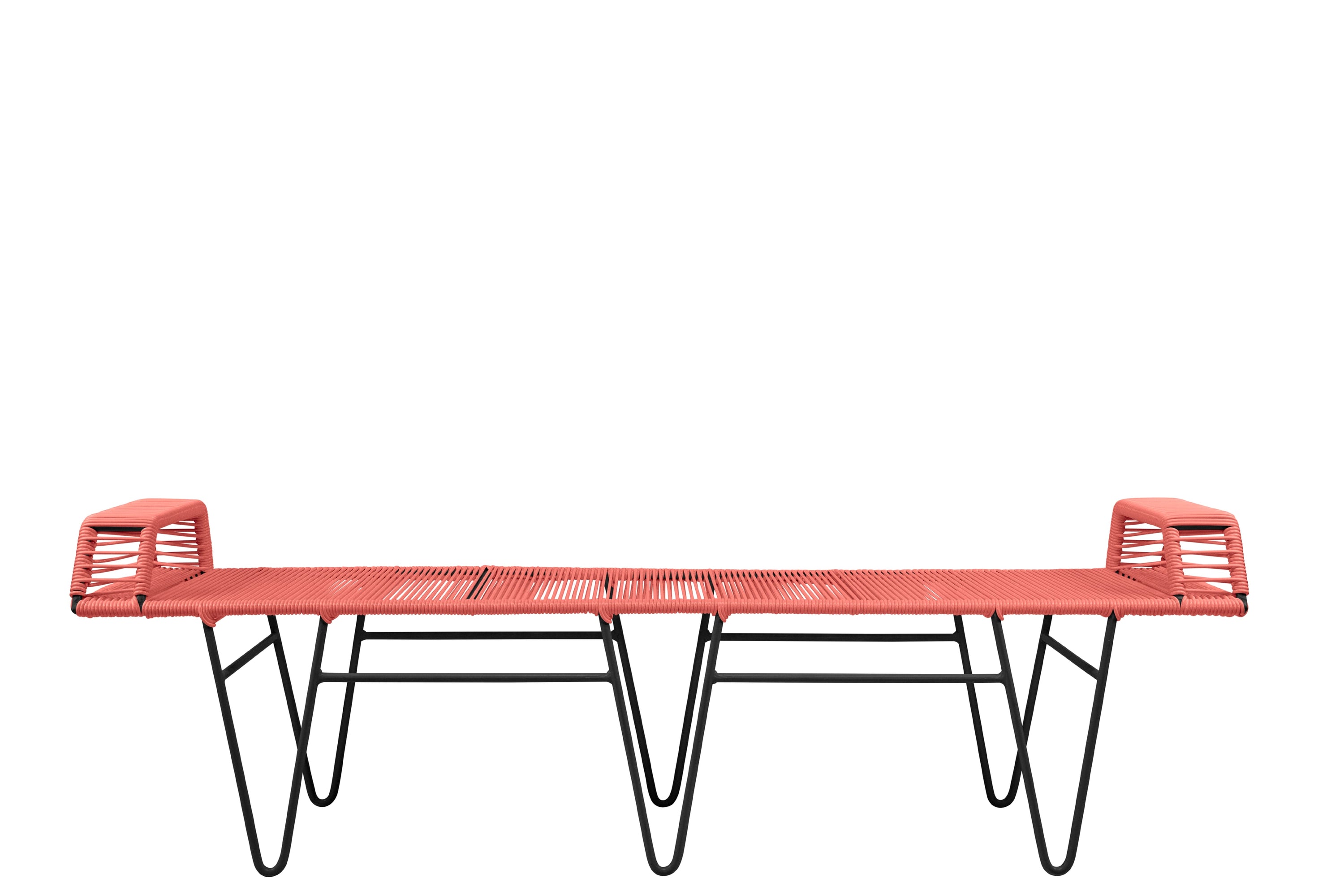 Pelopin Bench featuring a sleek hairpin base, designed for indoor and outdoor use, showcasing modern aesthetics.