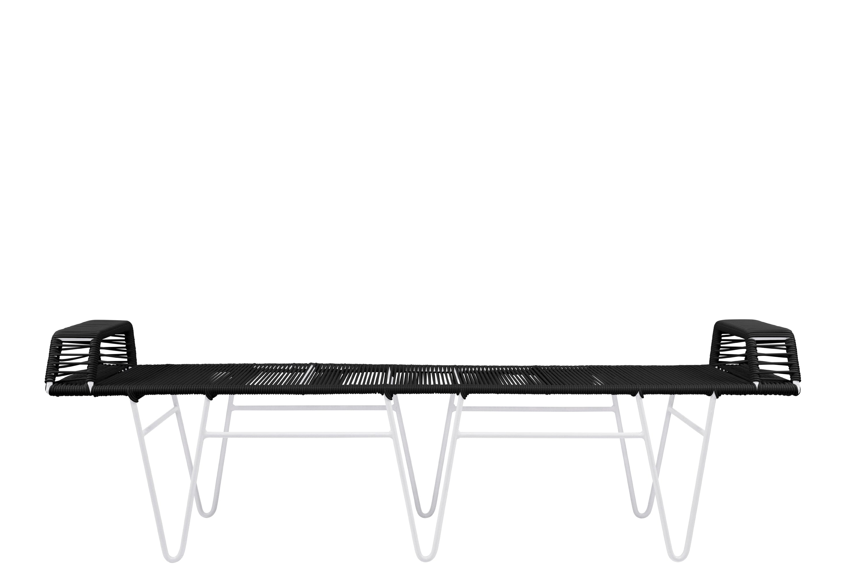 Pelopin Bench featuring a sleek hairpin base, designed for indoor and outdoor use, showcasing modern aesthetics.