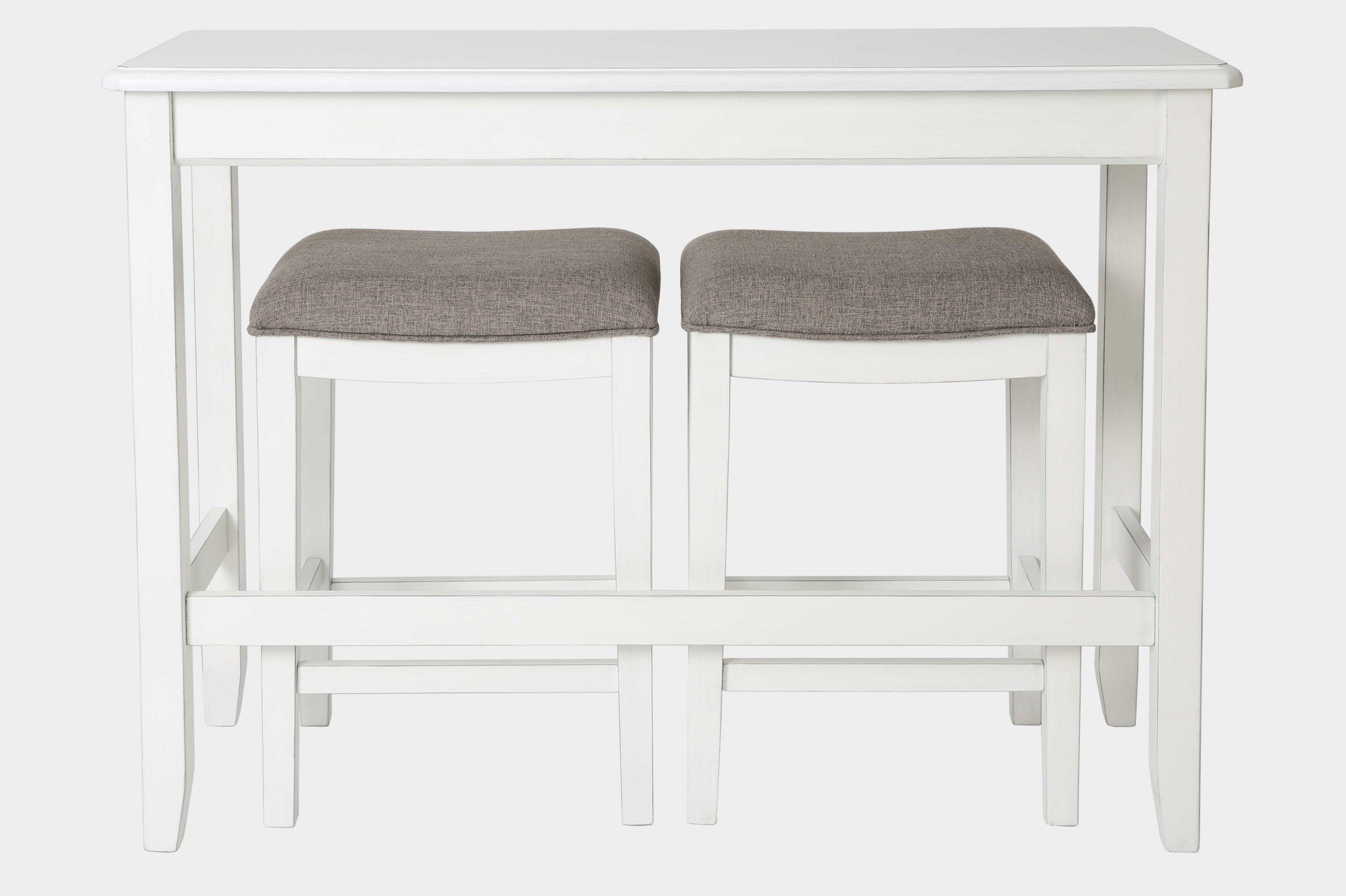 Perfecto White Finish Sofa Table with Two Bar Stools featuring a sleek design and soft taupe fabric on stools.