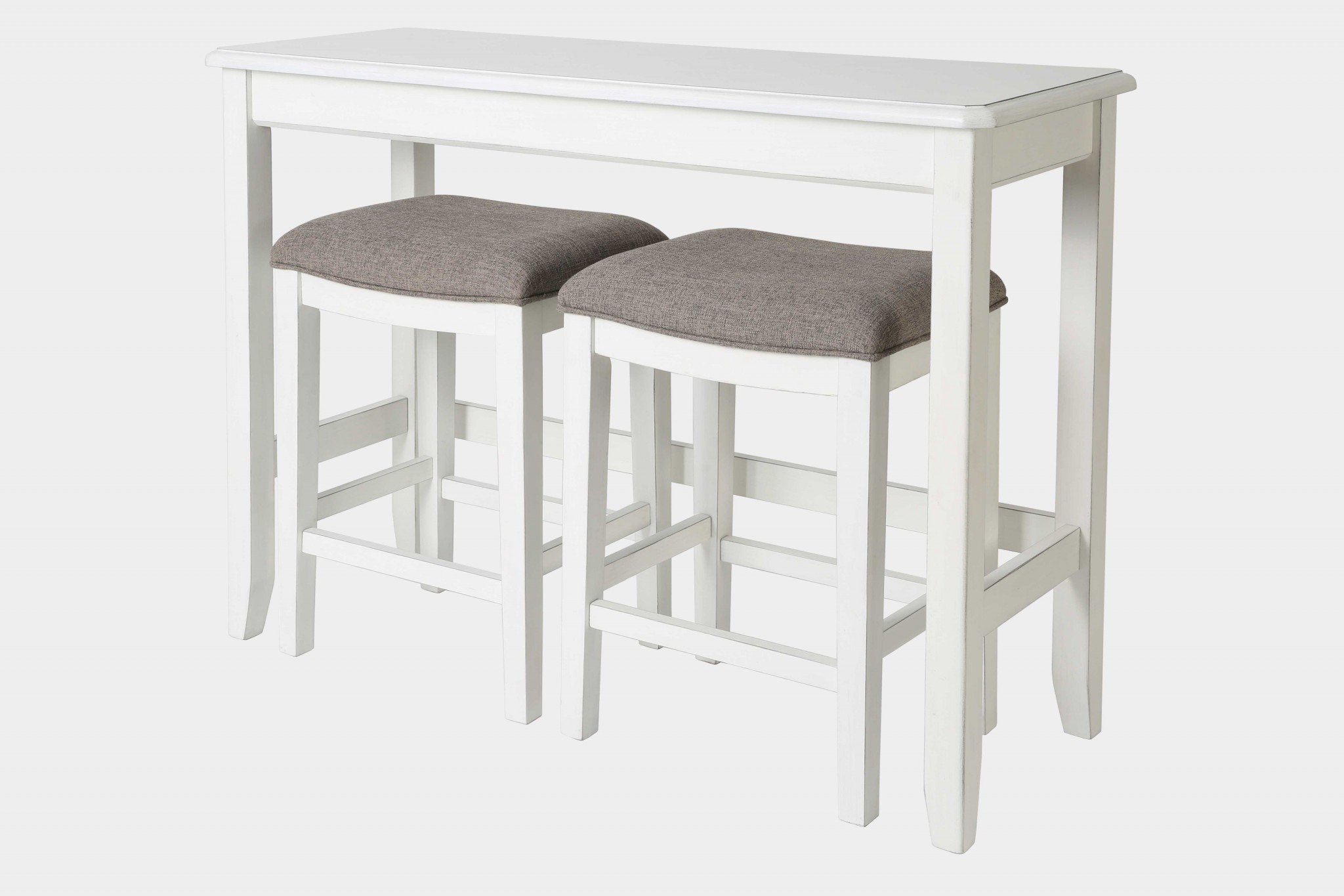 Perfecto White Finish Sofa Table with Two Bar Stools featuring a sleek design and soft taupe fabric on stools.