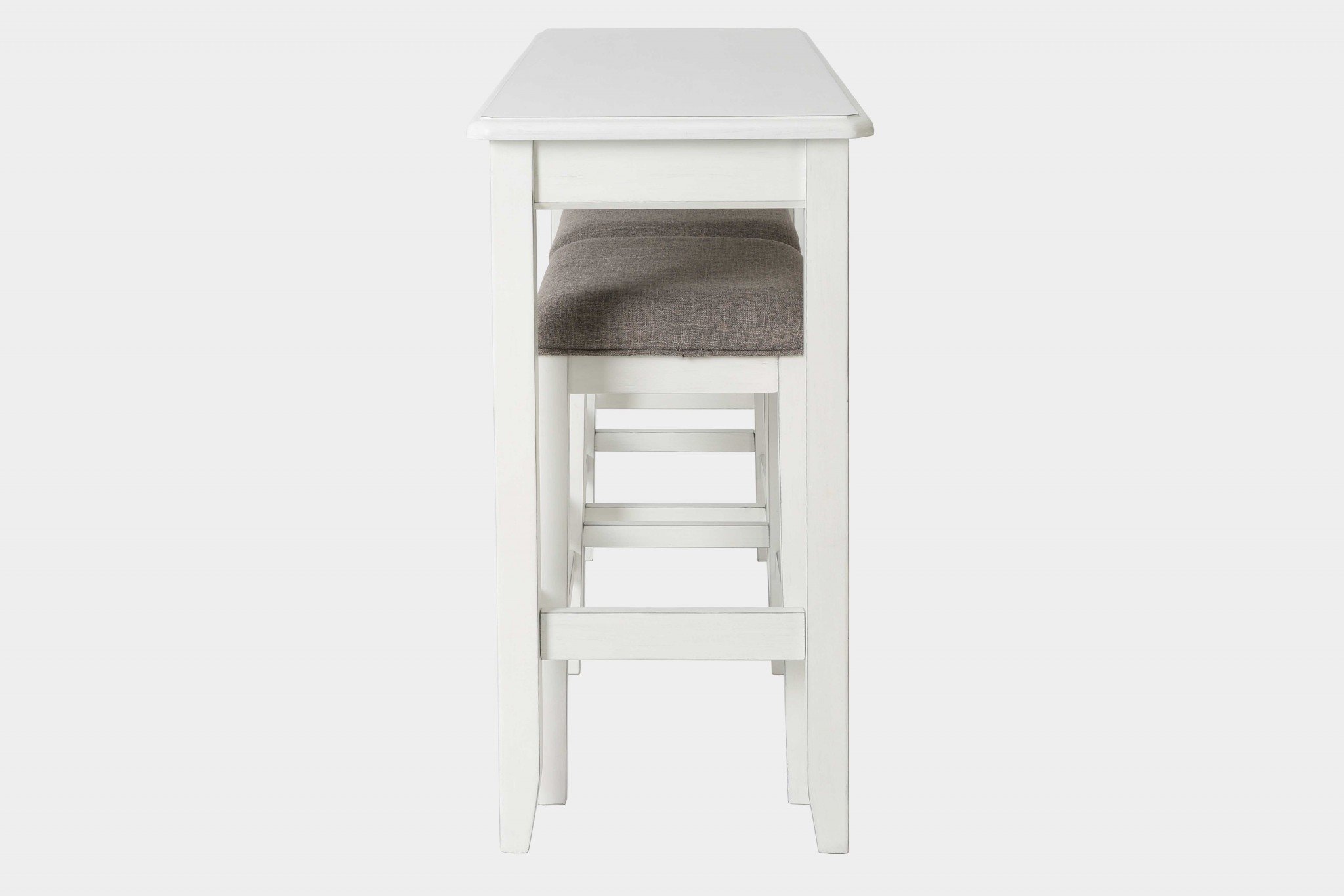 Perfecto White Finish Sofa Table with Two Bar Stools featuring a sleek design and soft taupe fabric on stools.